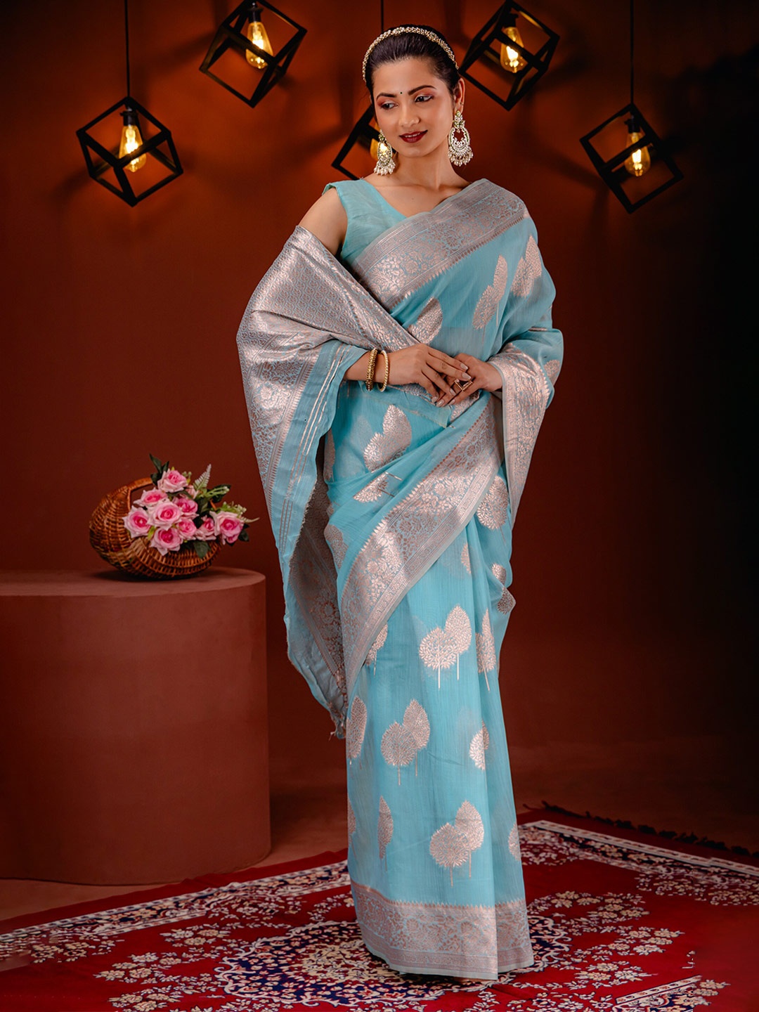 

MIMOSA Floral Woven Design Zari Art Silk Banarasi Saree, Turquoise blue