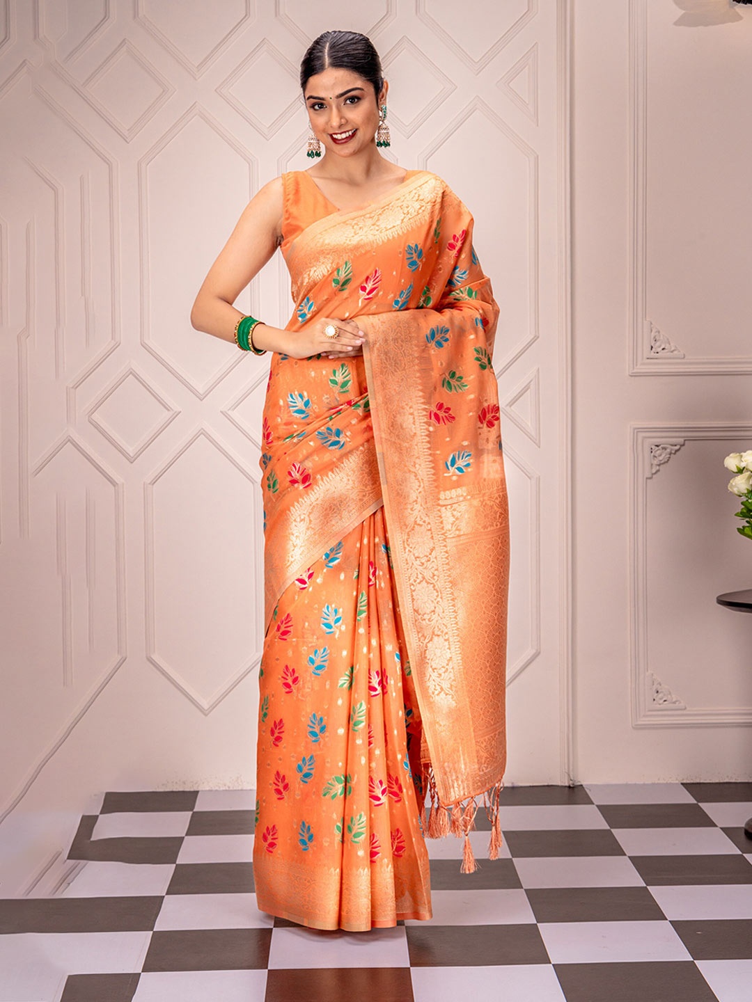 

MIMOSA Ethnic Motifs Woven Design Zari Art Silk Banarasi Saree, Peach