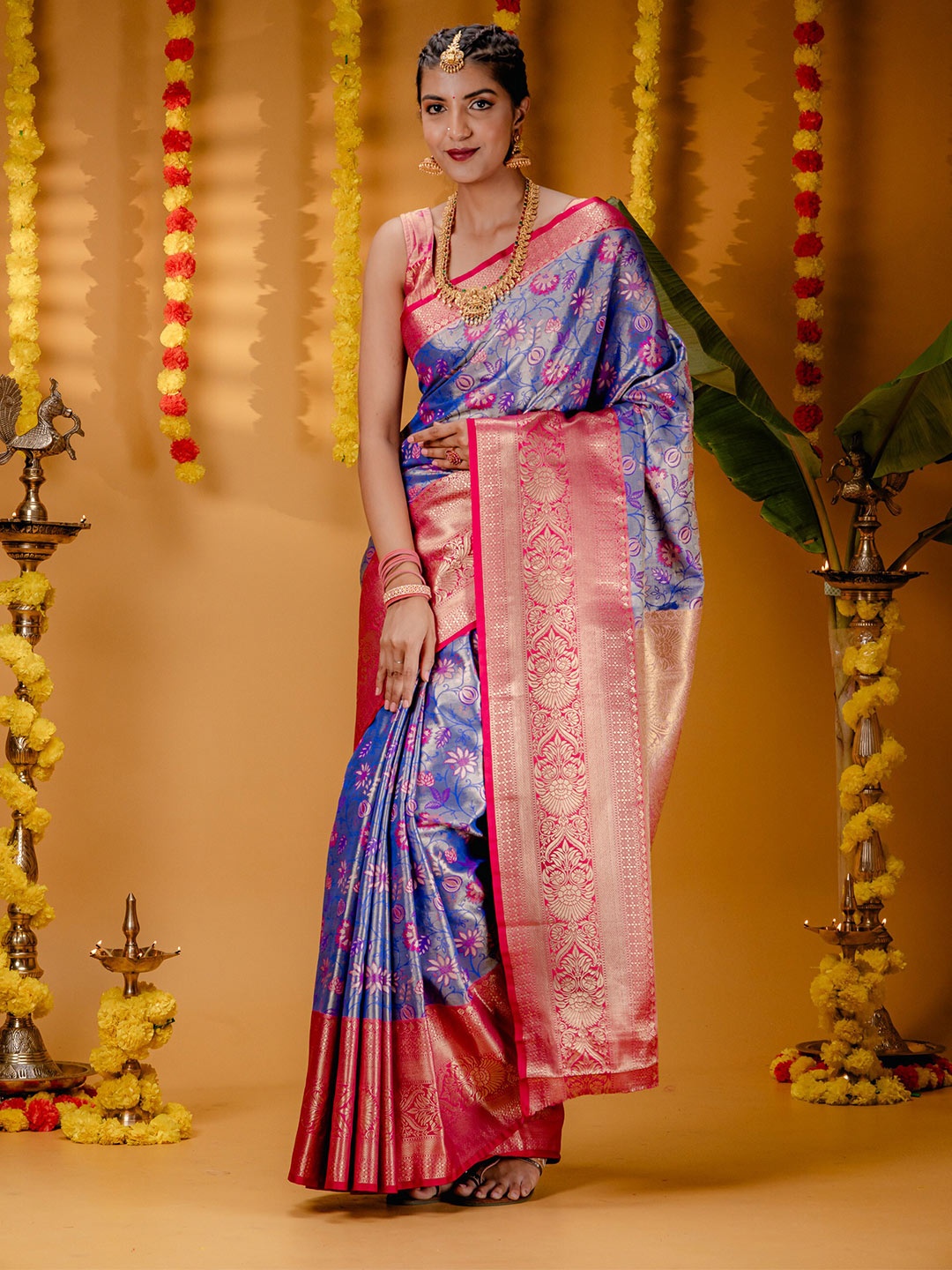 

MIMOSA Ethnic Woven Design Zari Art Silk Kanjeevaram Saree, Blue