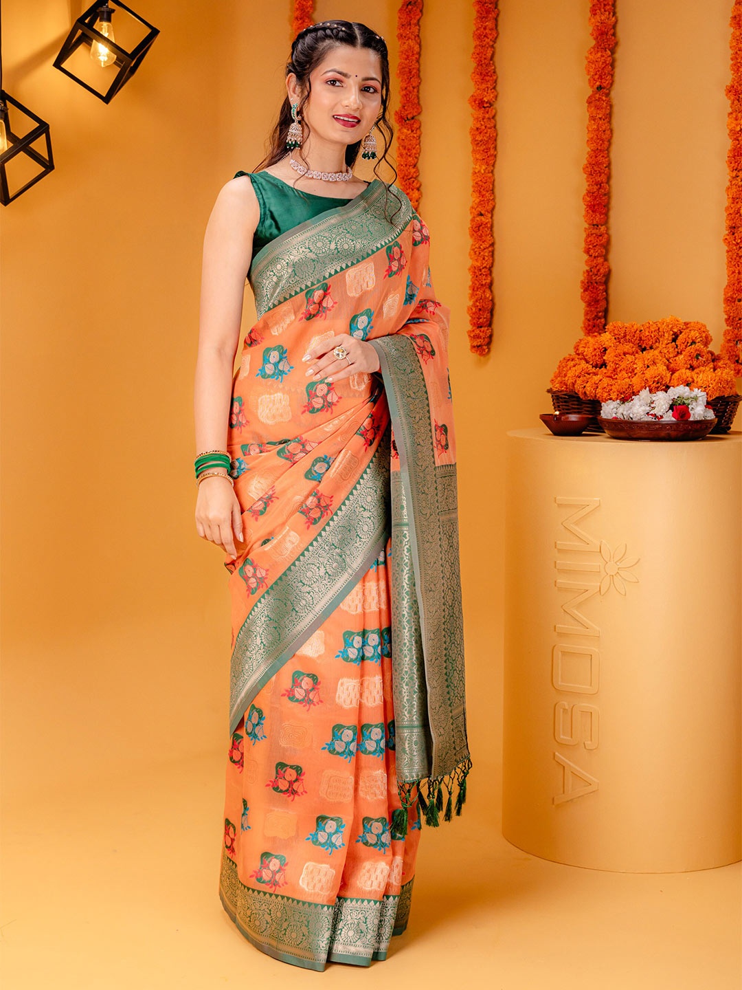 

MIMOSA Floral Woven Design Zari Art Silk Kanjeevaram Saree, Peach