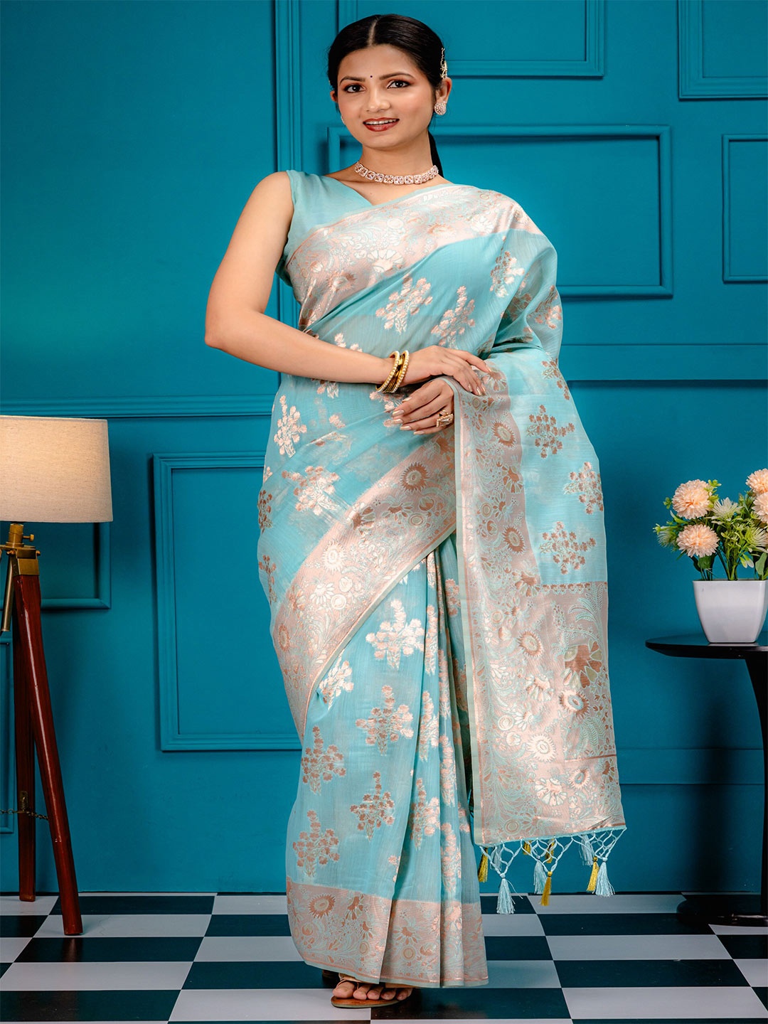 

MIMOSA Ethnic Woven Design Zari Art Silk Banarasi Saree, Turquoise blue