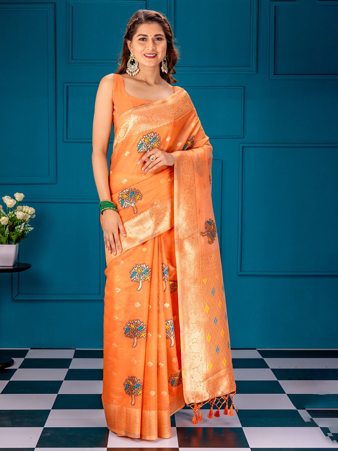 

MIMOSA Ethnic Motifs Zari Art Silk Banarasi Saree, Peach