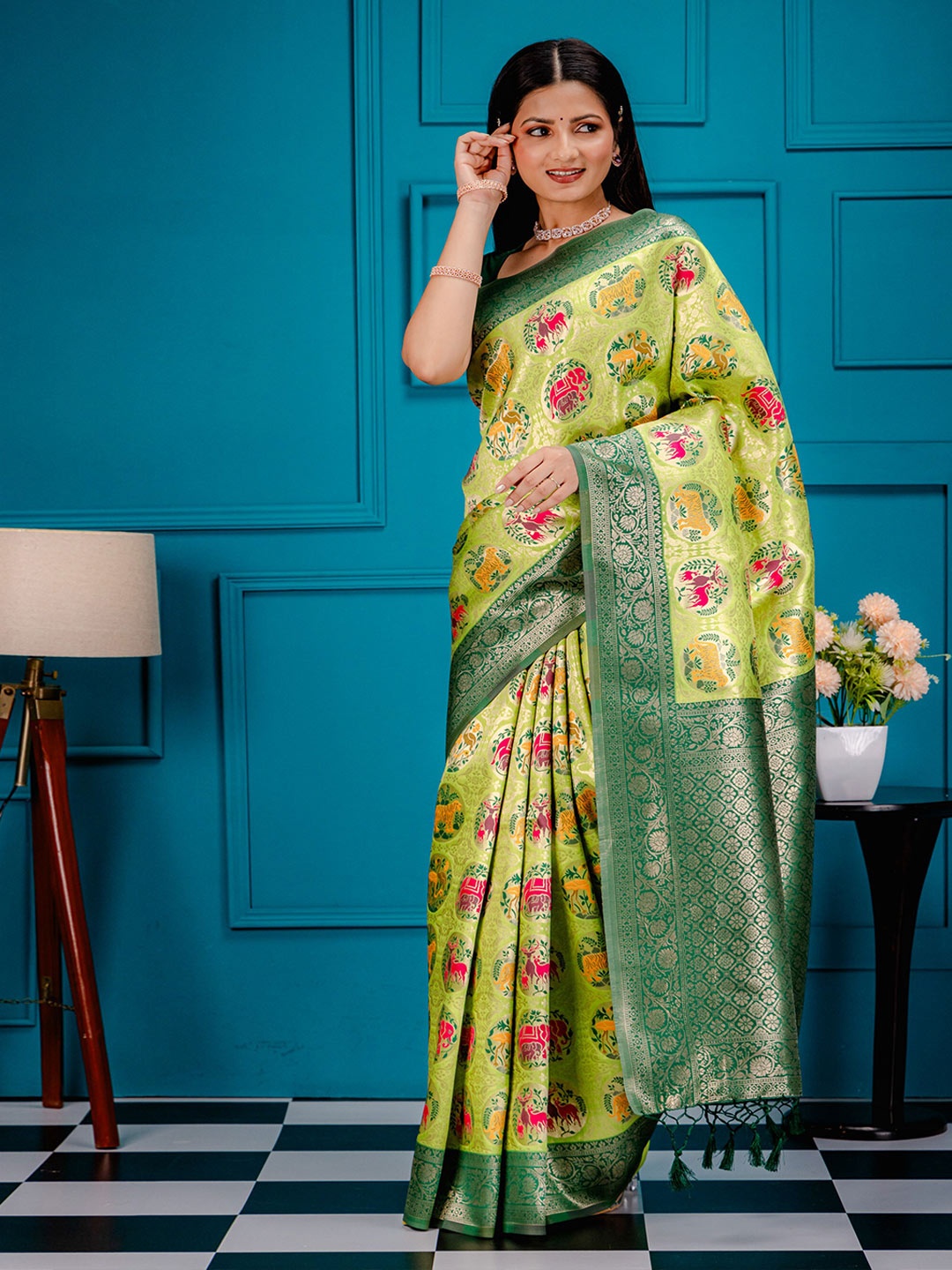 

MIMOSA Floral Woven Design Zari Art Silk Patola Saree, Lime green