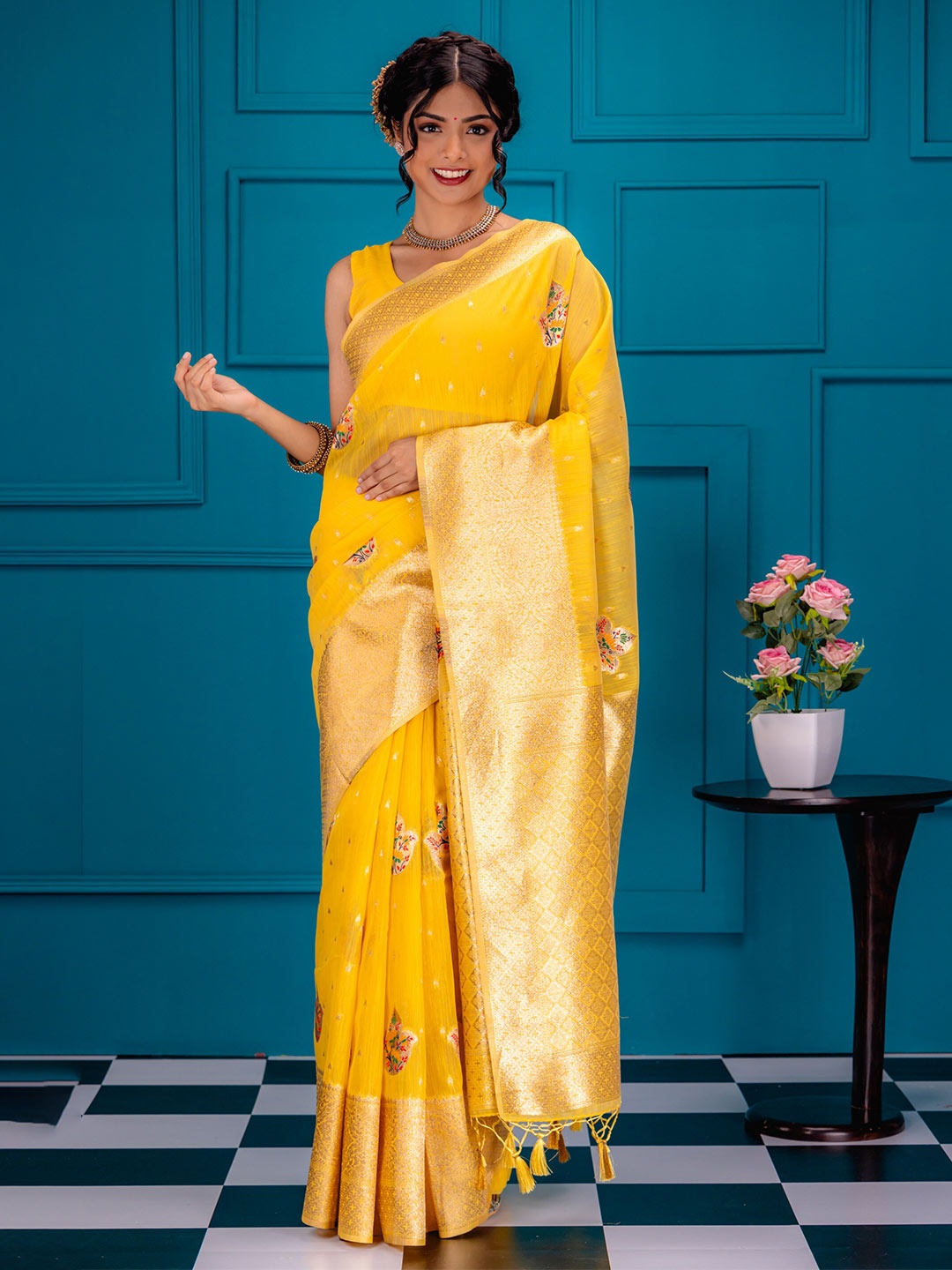 

MIMOSA Ethnic Motifs Zari Art Silk Banarasi Saree, Gold