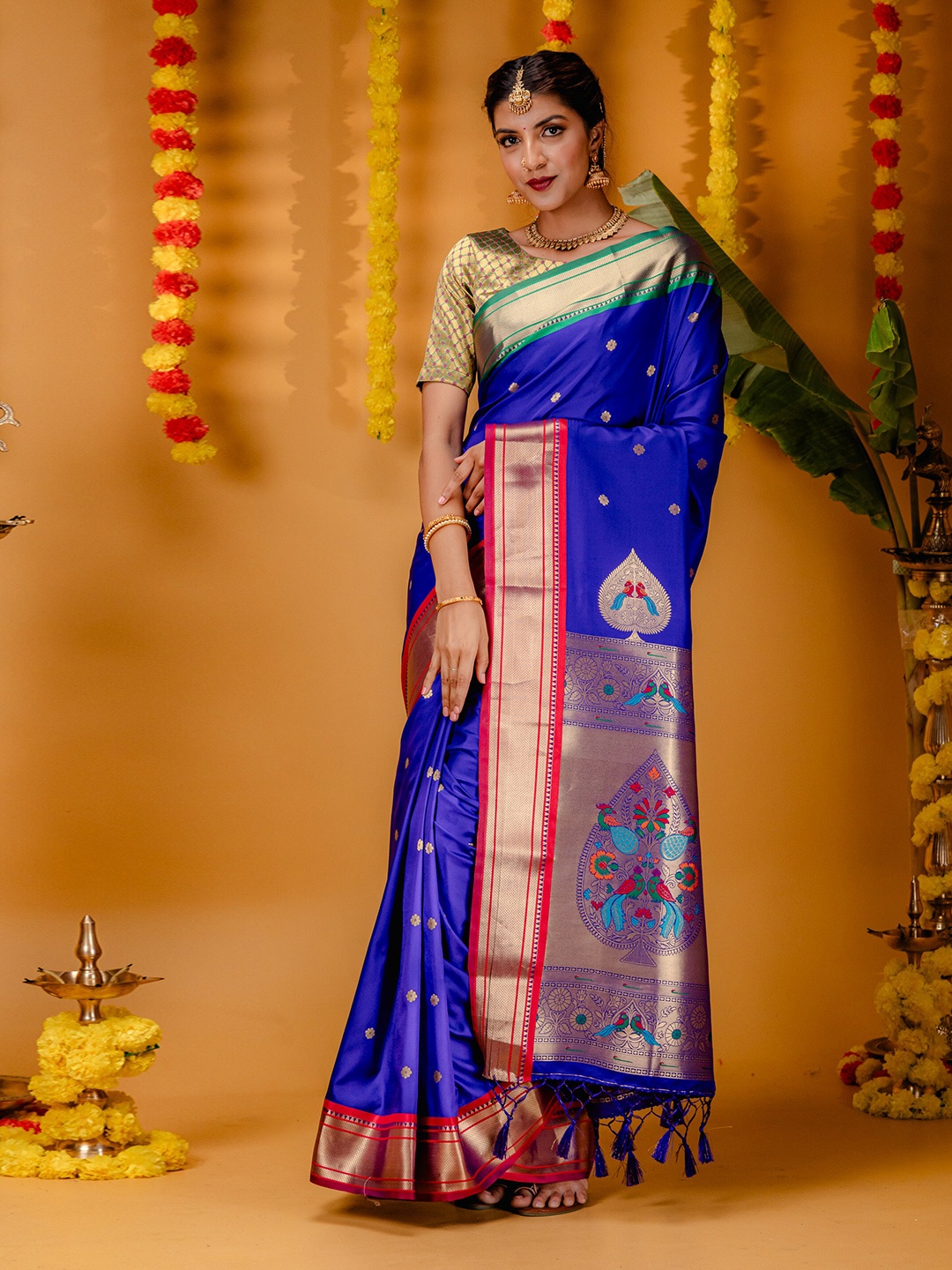 

MIMOSA Ethnic Motifs Woven Design Zari Paithani Saree, Blue