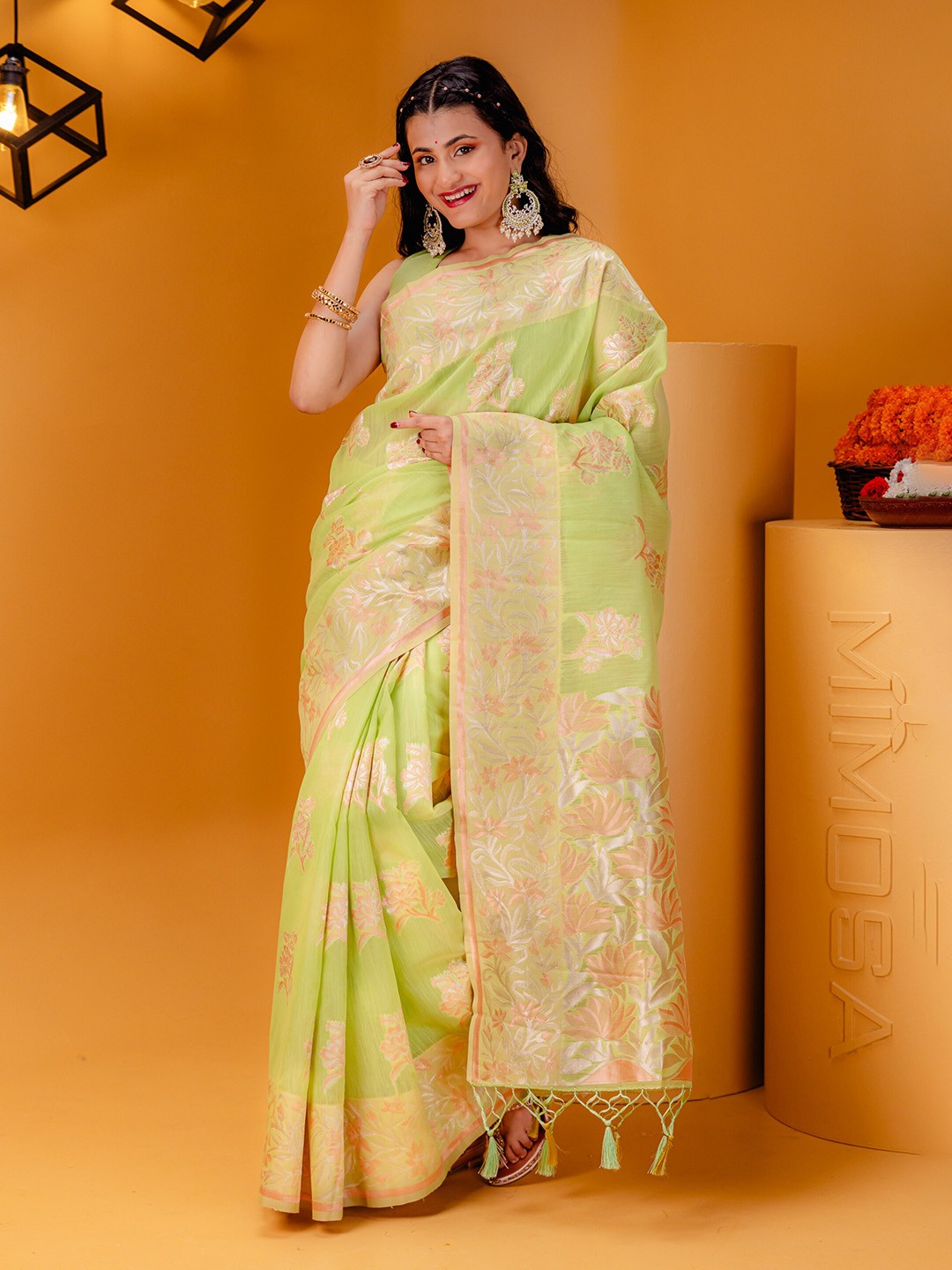 

MIMOSA Ethnic Motifs Woven Design Zari Art Silk Banarasi Saree, Olive