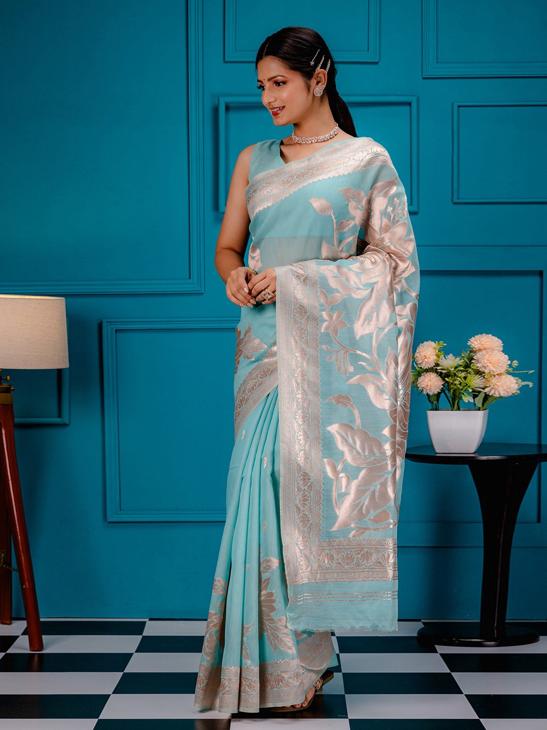 

MIMOSA Ethnic Motifs Zari Art Silk Banarasi Saree, Turquoise blue