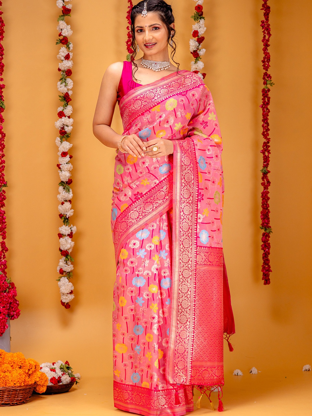 

MIMOSA Woven Design Zari Art Silk Banarasi Saree, Pink