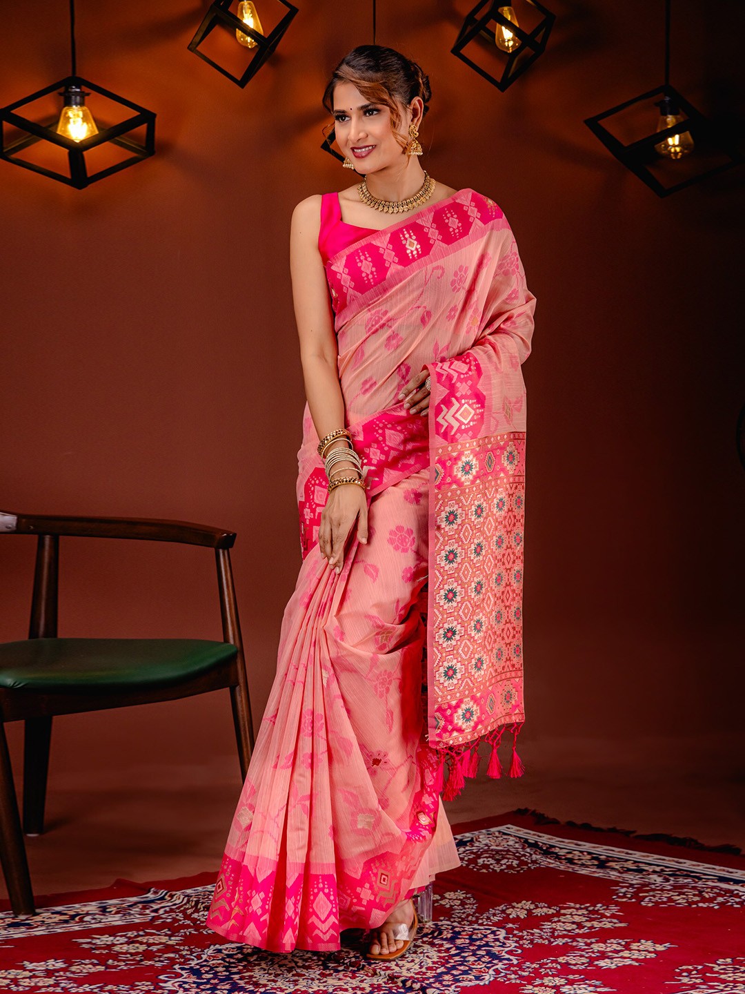 

MIMOSA Ethnic Motifs Woven Design Zari Ikat Saree, Pink