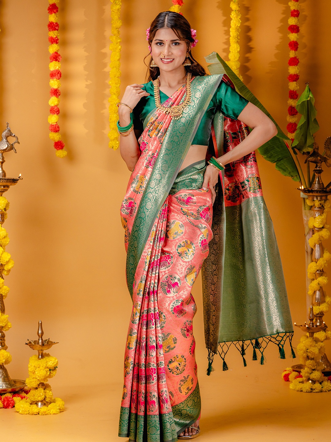 

MIMOSA Woven Design Zari Art Silk Patola Saree, Pink
