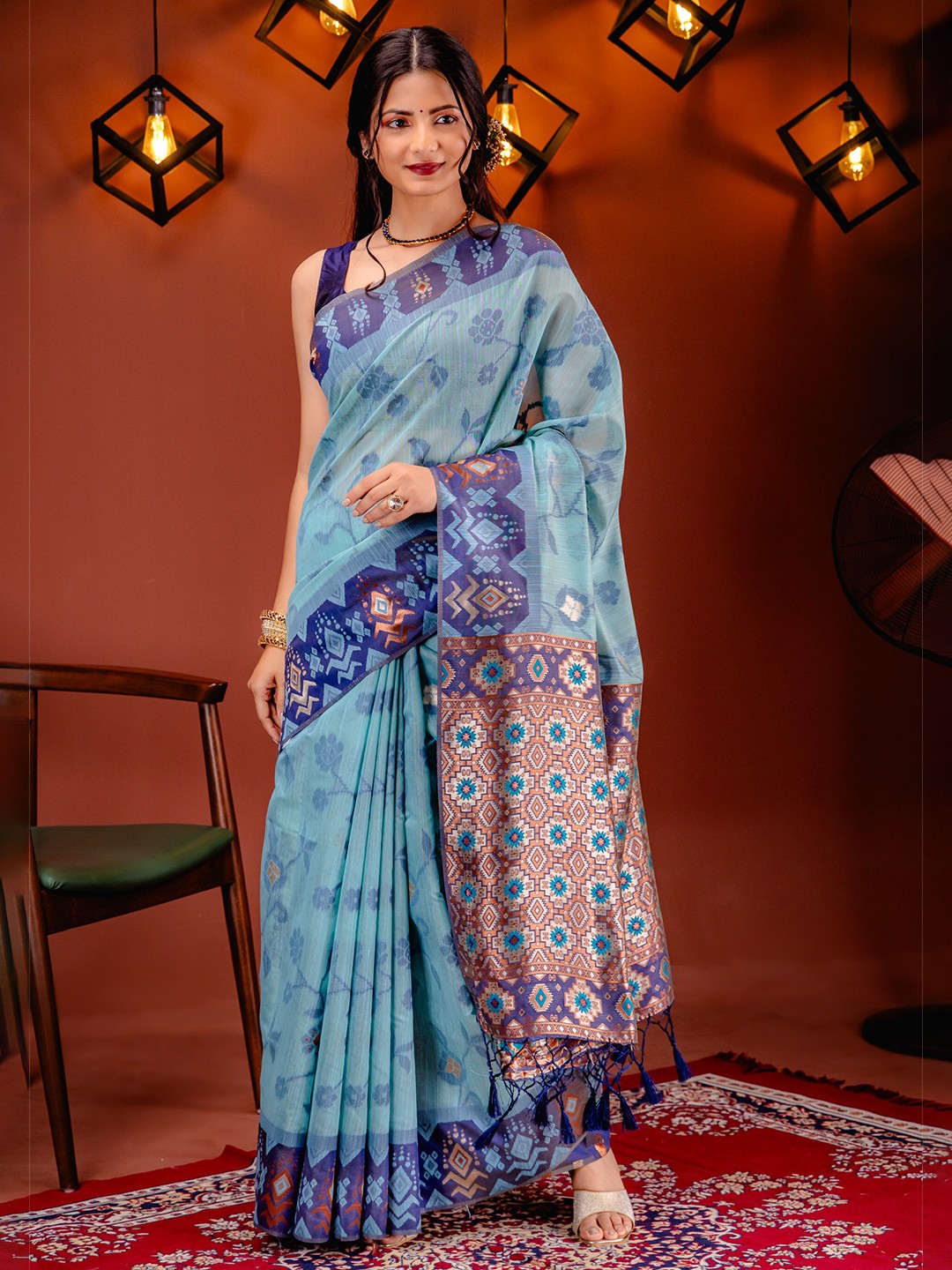 

MIMOSA Ethnic Motifs Woven Design Zari Art Silk Ikat Saree, Turquoise blue