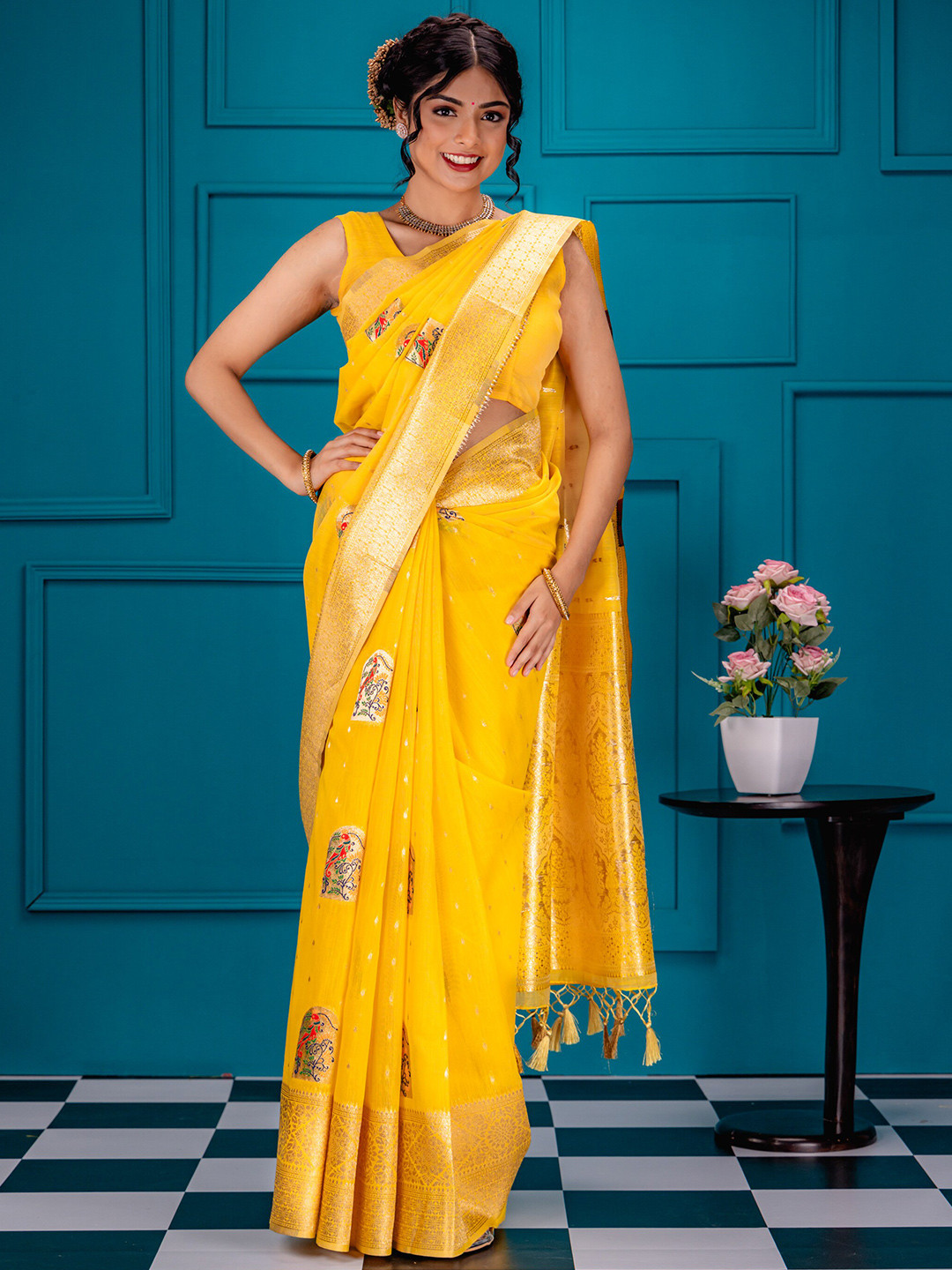 

MIMOSA Ethnic Motifs Zari Art Silk Banarasi Saree, Gold