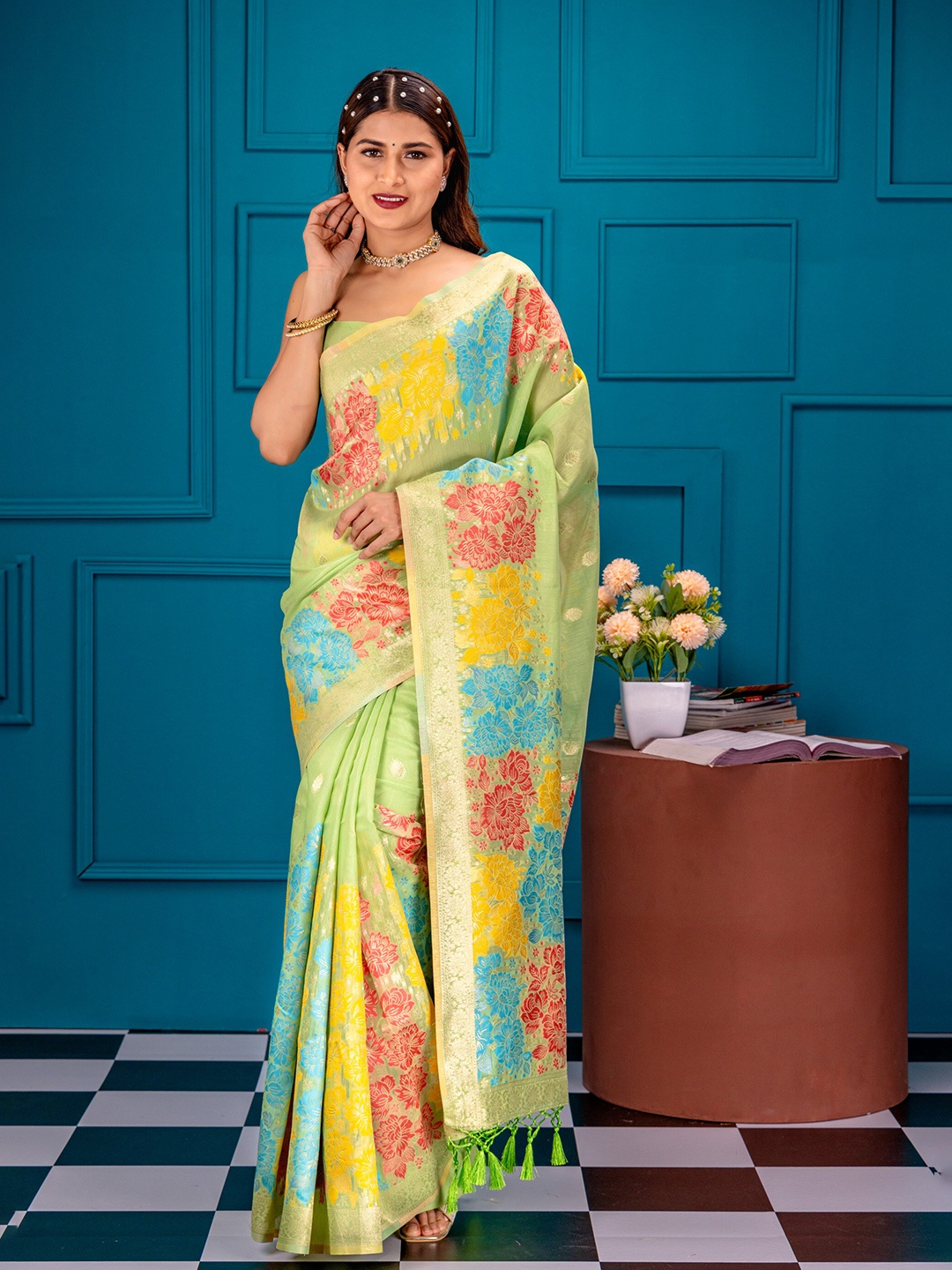 

MIMOSA Ethnic Motifs Zari Art Silk Banarasi Saree, Olive