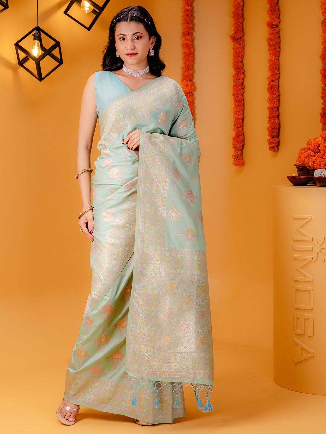 

MIMOSA Ethnic Motifs Woven Design Zari Kanjeevaram Saree, Sea green