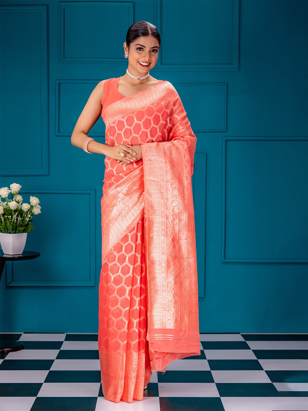 

MIMOSA Ethnic Motifs Zari Art Silk Banarasi Saree, Pink