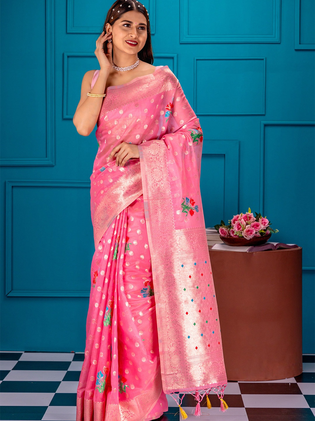 

MIMOSA Ethnic Motifs Woven Design Zari Banarasi Saree, Pink