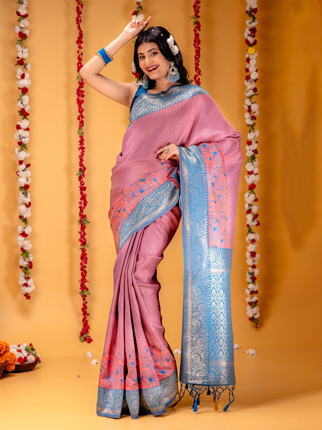 

MIMOSA Woven Design Zari Art Silk Kanjeevaram Saree, Pink