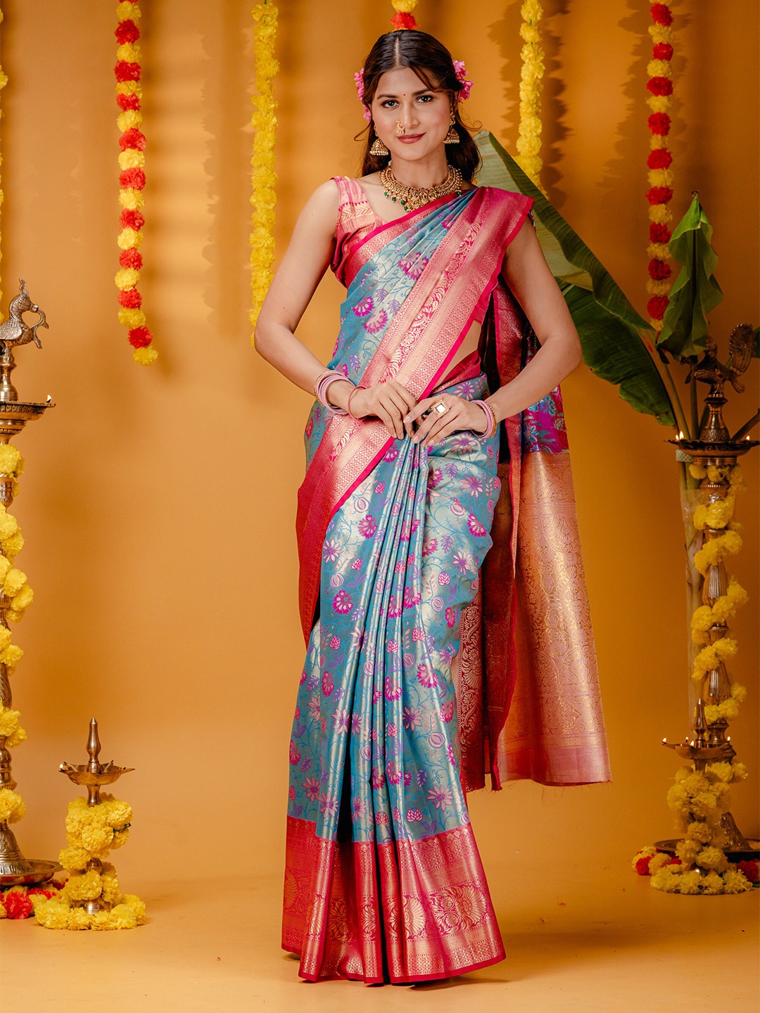 

MIMOSA Ethnic Motifs Zari Art Silk Kanjeevaram Saree, Blue