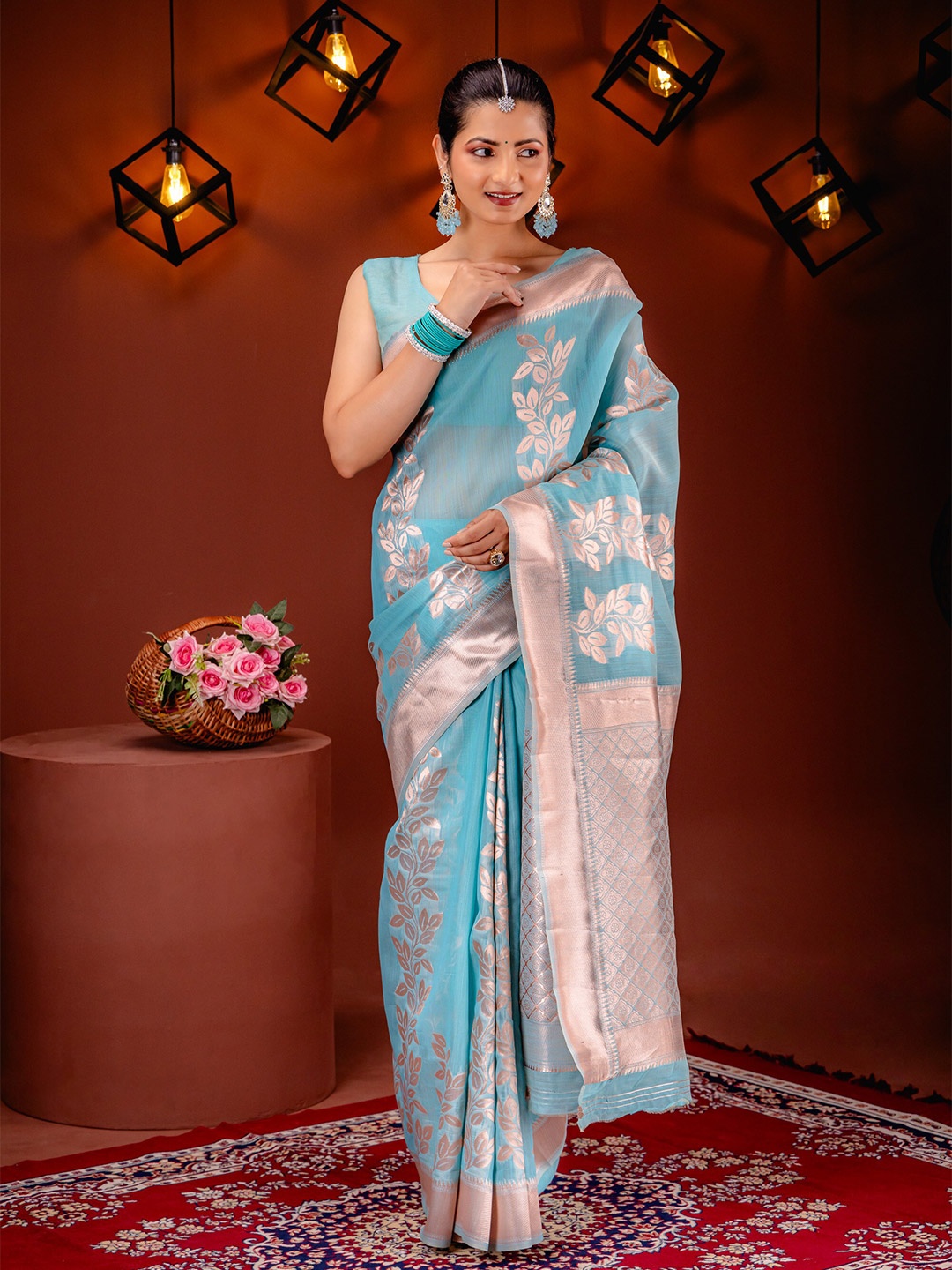 

MIMOSA Woven Design Zari Art Silk Banarasi Saree, Turquoise blue