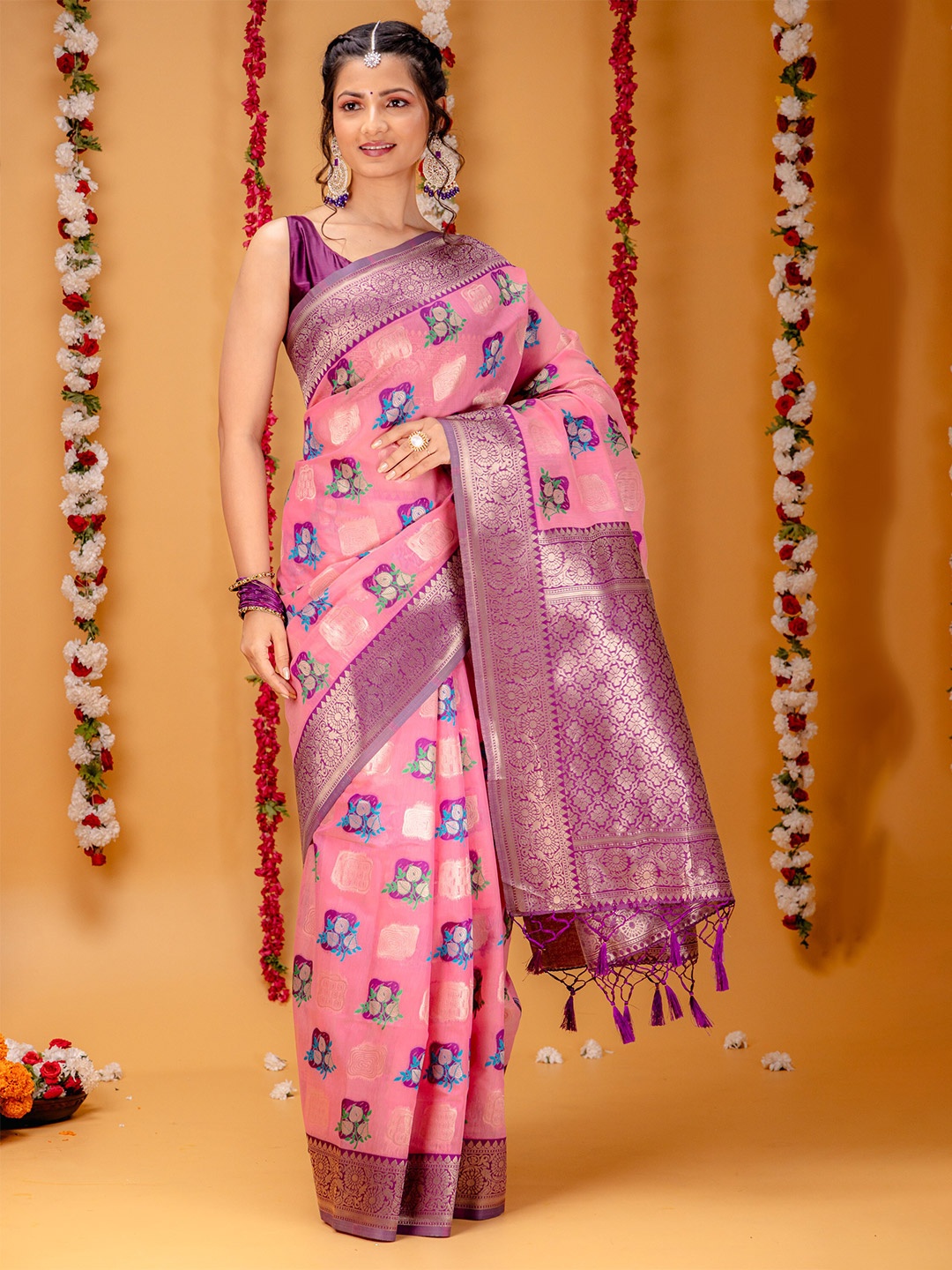 

MIMOSA Ethnic Woven Design Zari Art Silk Kanjeevaram Saree, Pink