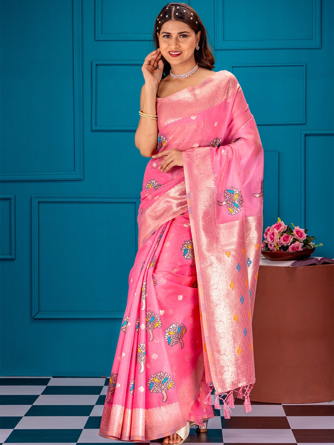 

MIMOSA Woven Design Zari Art Silk Banarasi Saree, Pink