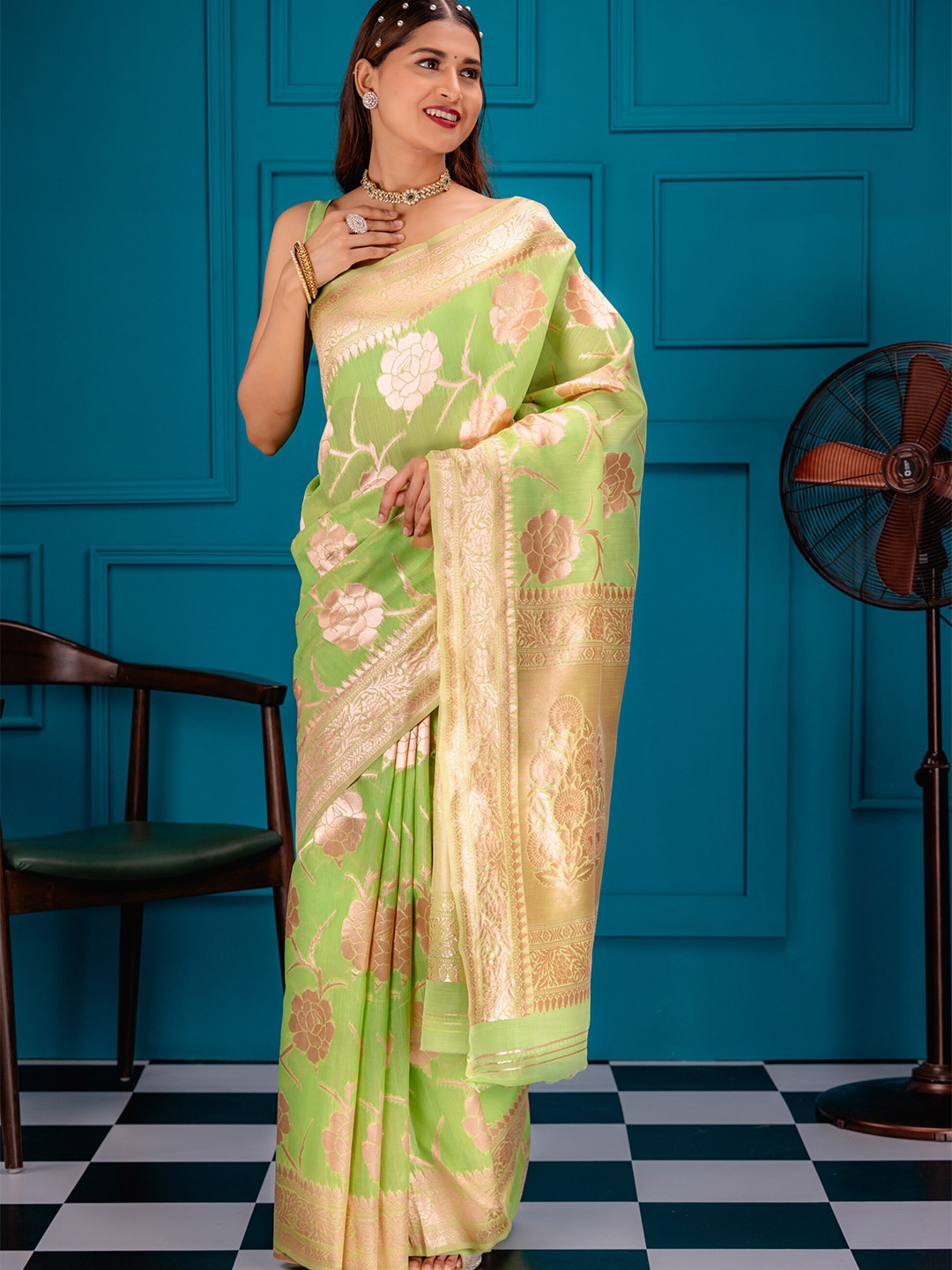 

MIMOSA Ethnic Motifs Woven Design Zari Art Silk Banarasi Saree, Olive
