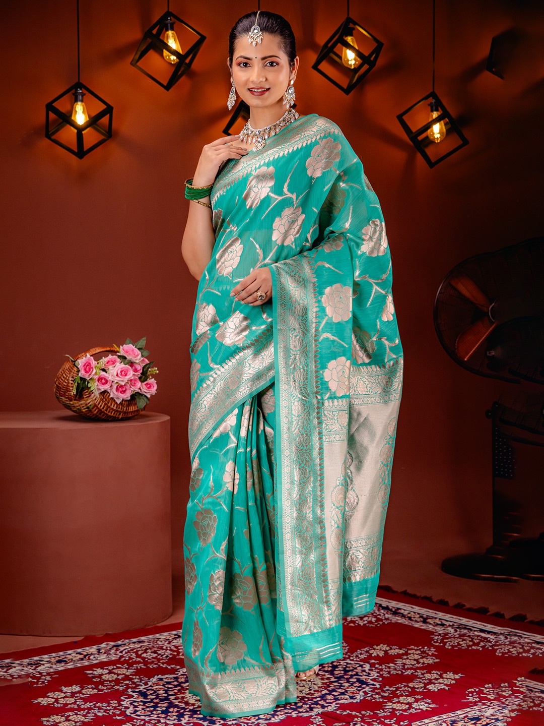 

MIMOSA Ethnic Motifs Zari Art Silk Banarasi Saree, Sea green