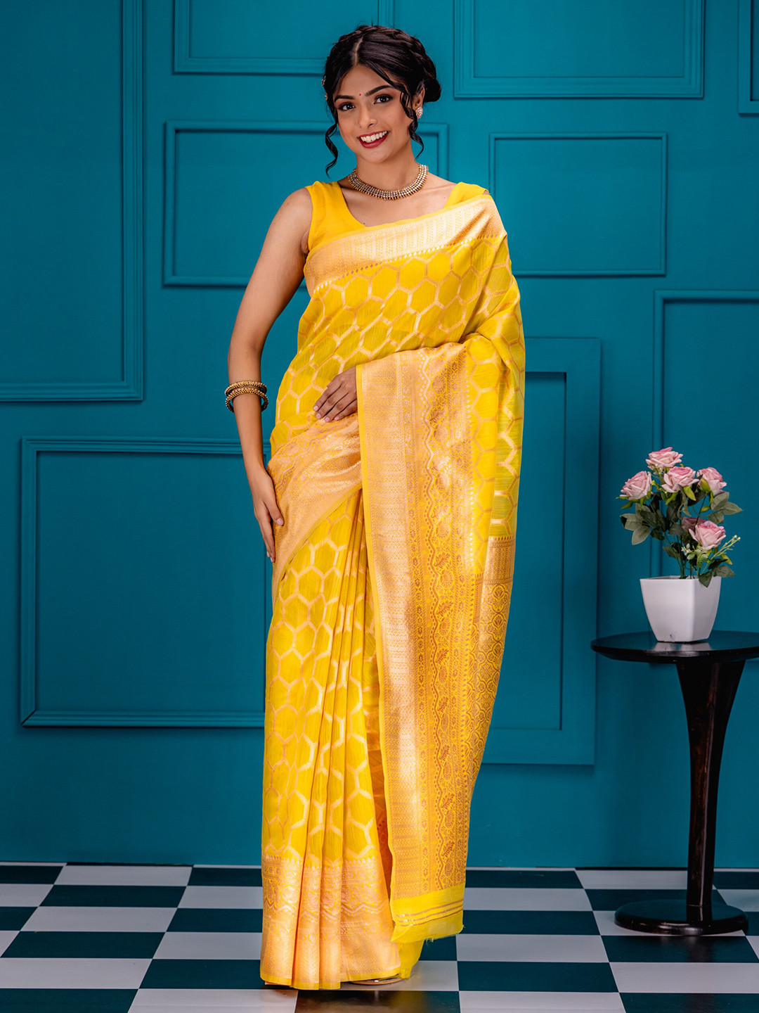 

MIMOSA Floral Woven Design Zari Art Silk Banarasi Saree, Gold