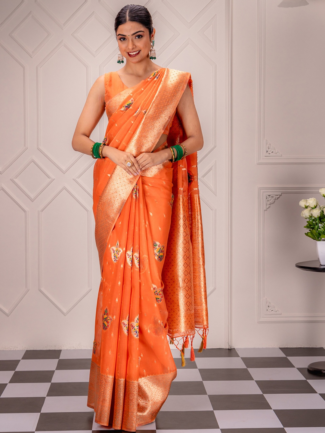 

MIMOSA Floral Woven Design Zari Art Silk Banarasi Saree, Peach