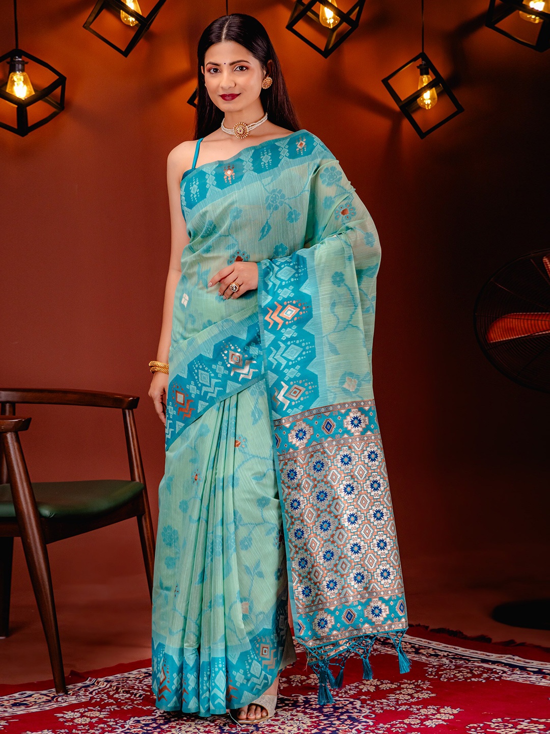 

MIMOSA Floral Woven Design Zari Art Silk Ikat Saree, Sea green