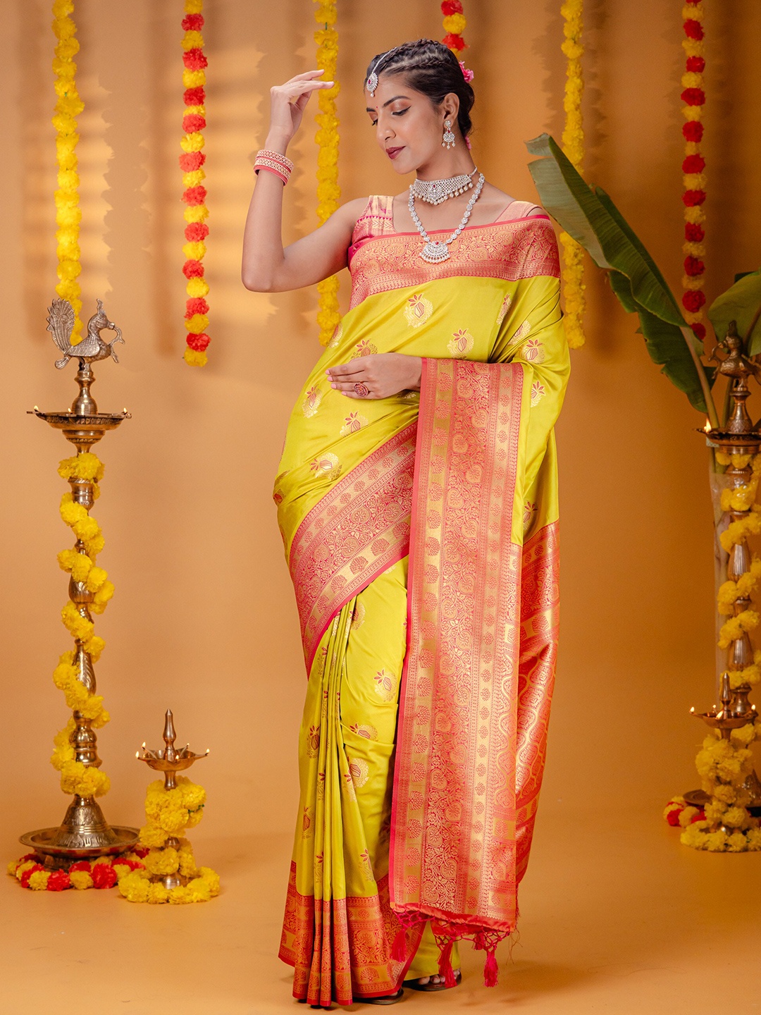 

MIMOSA Floral Woven Design Zari Art Silk Kanjeevaram Saree, Olive