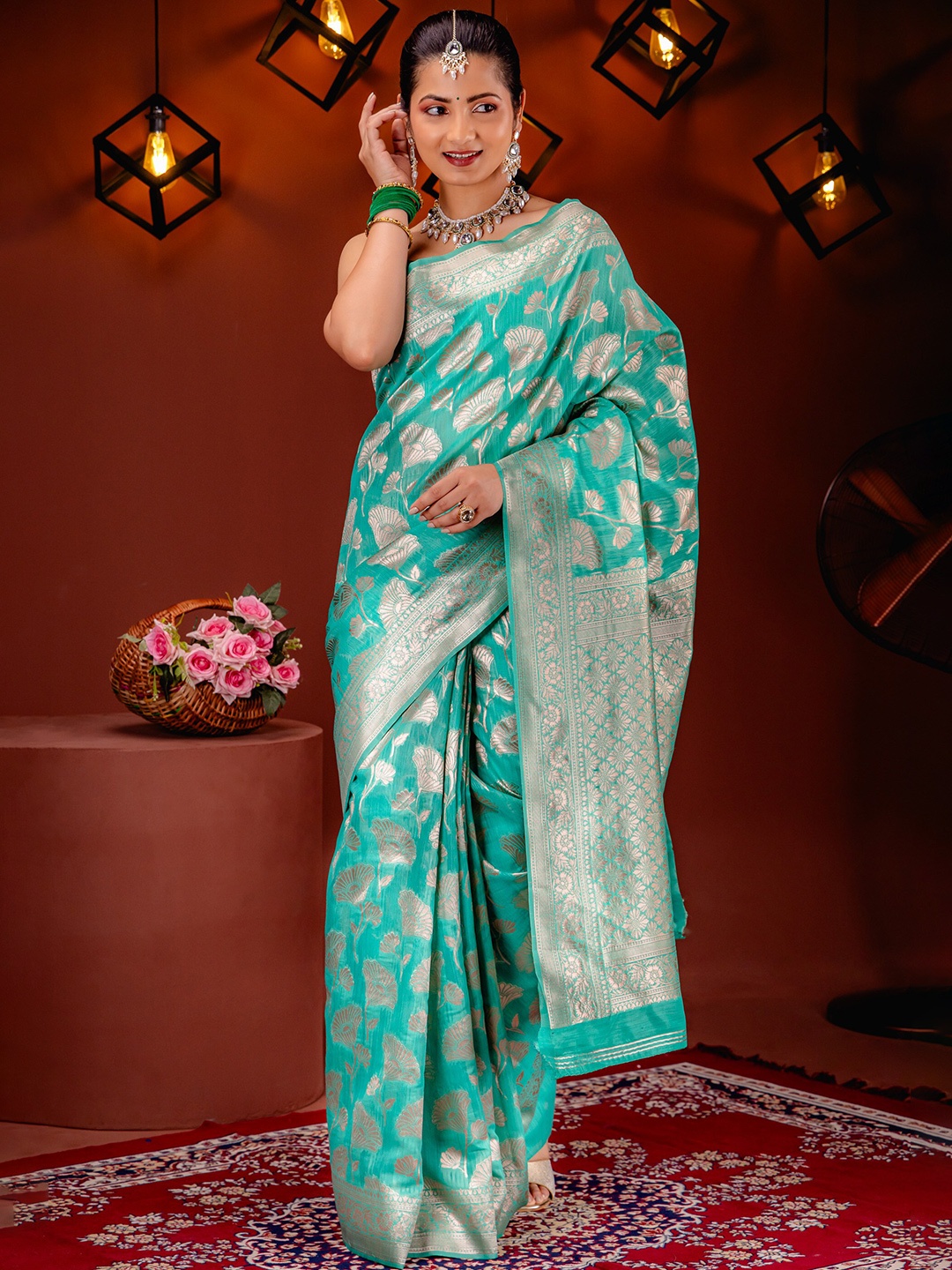 

MIMOSA Woven Design Zari Art Silk Banarasi Saree, Sea green