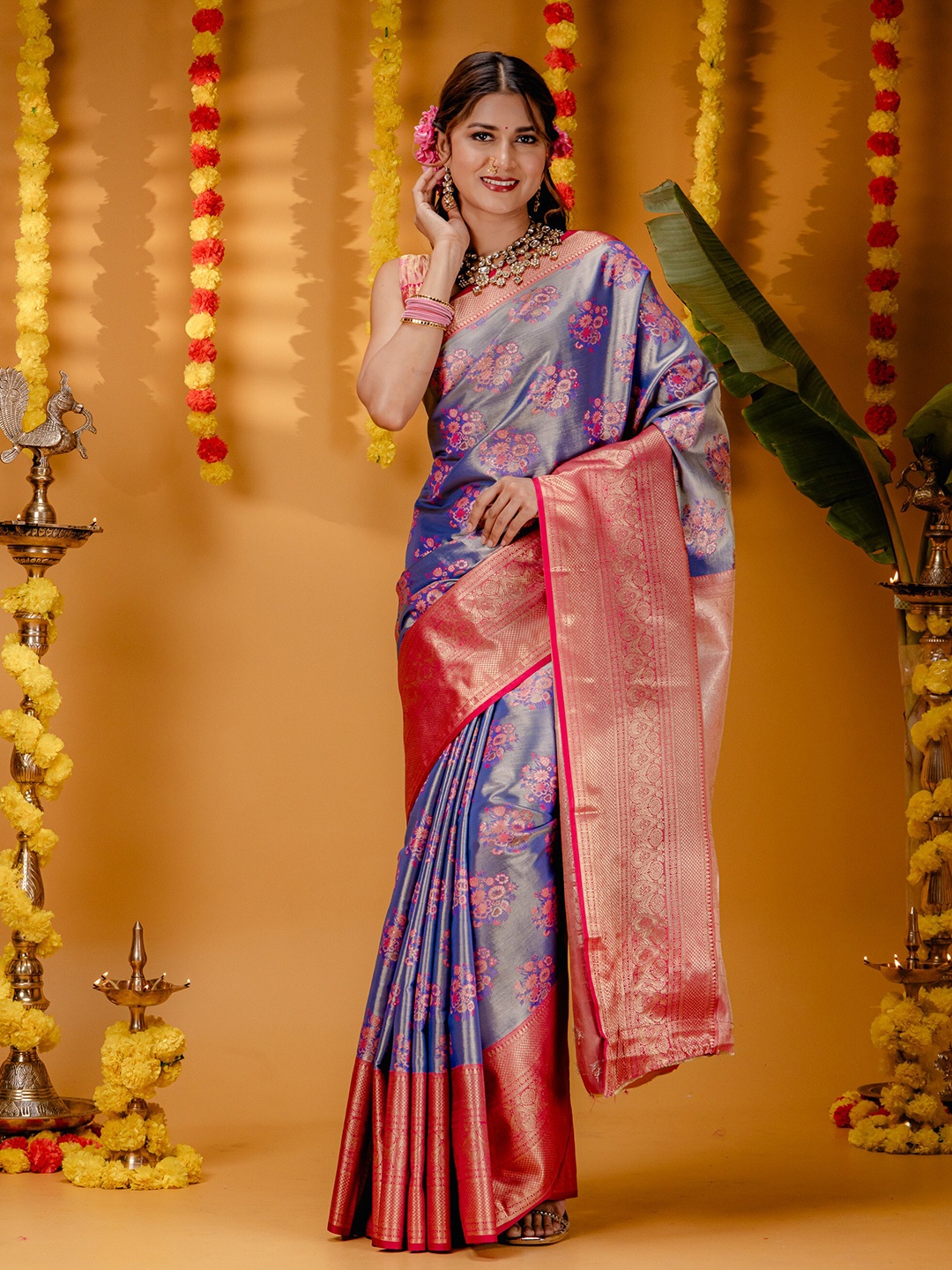 

MIMOSA Floral Zari Art Silk Kanjeevaram Saree, Blue