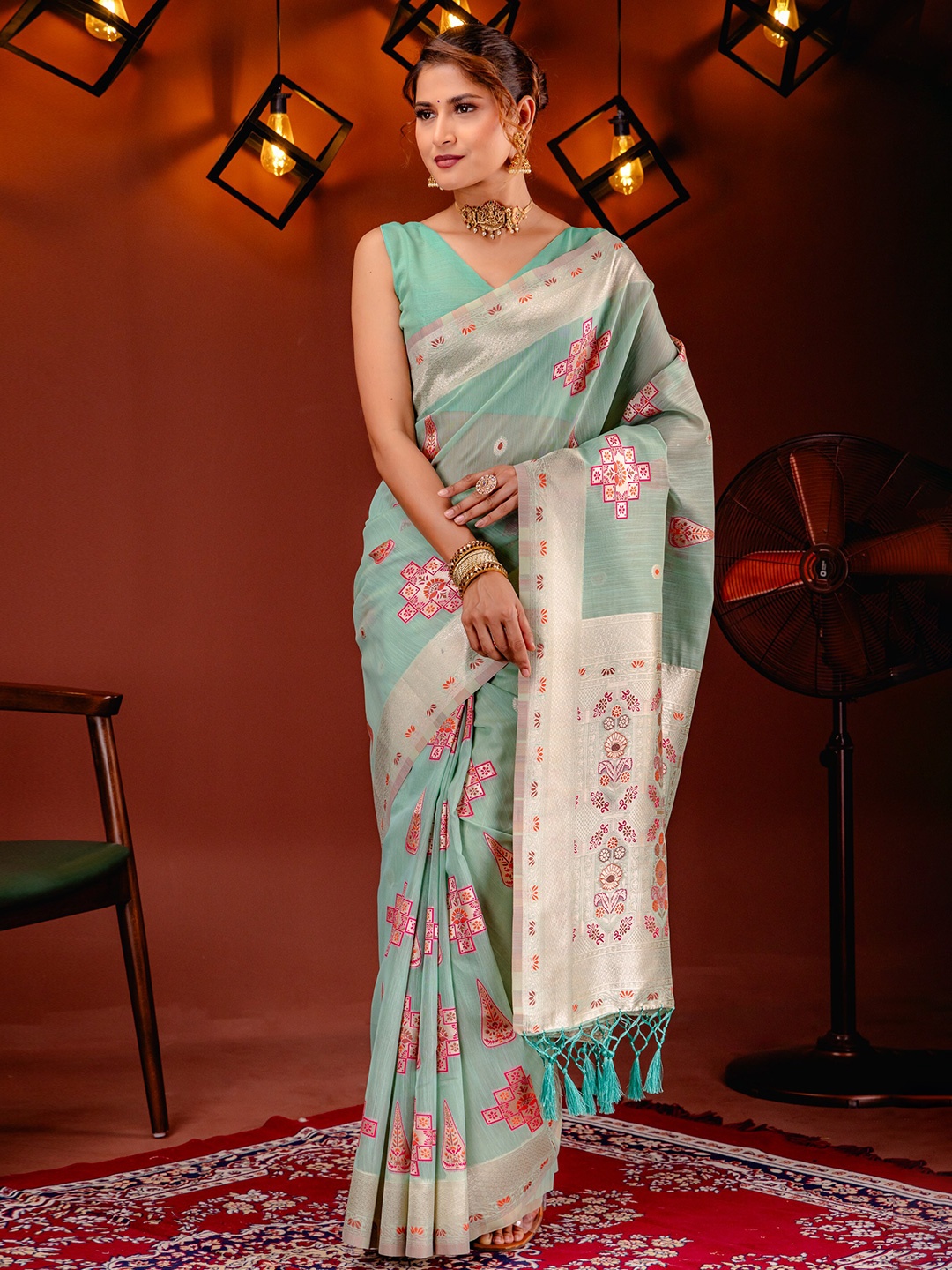 

MIMOSA Ethnic Woven Design Zari Art Silk Banarasi Saree, Sea green