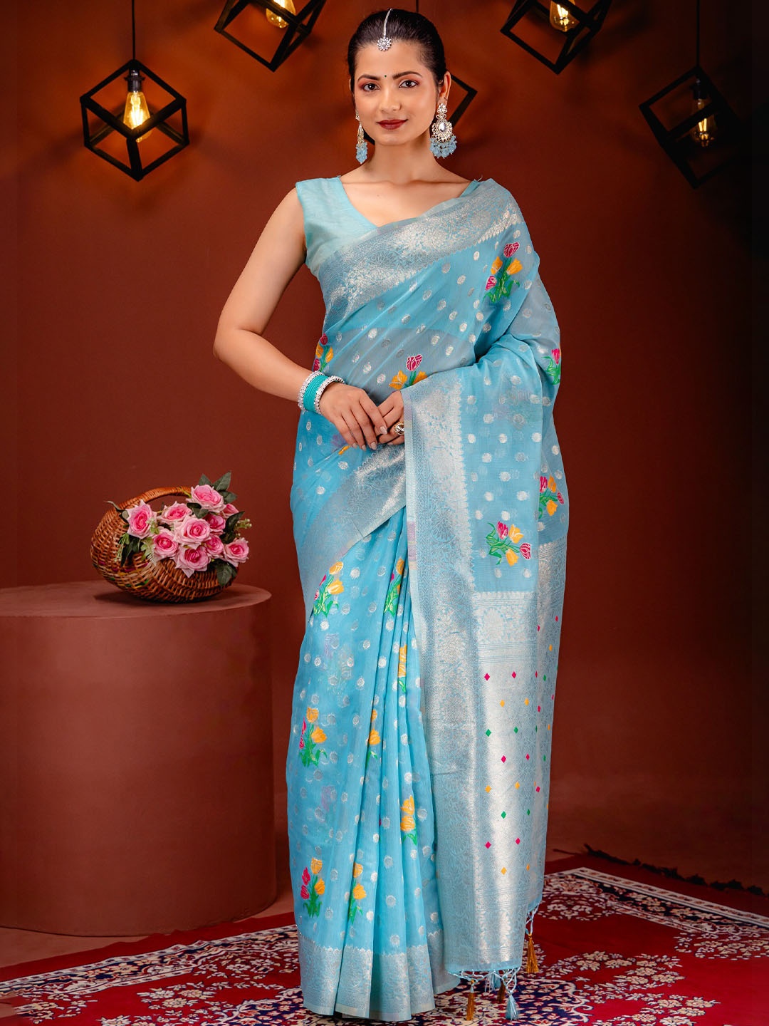 

MIMOSA Ethnic Motifs Woven Design Zari Art Silk Banarasi Saree, Turquoise blue