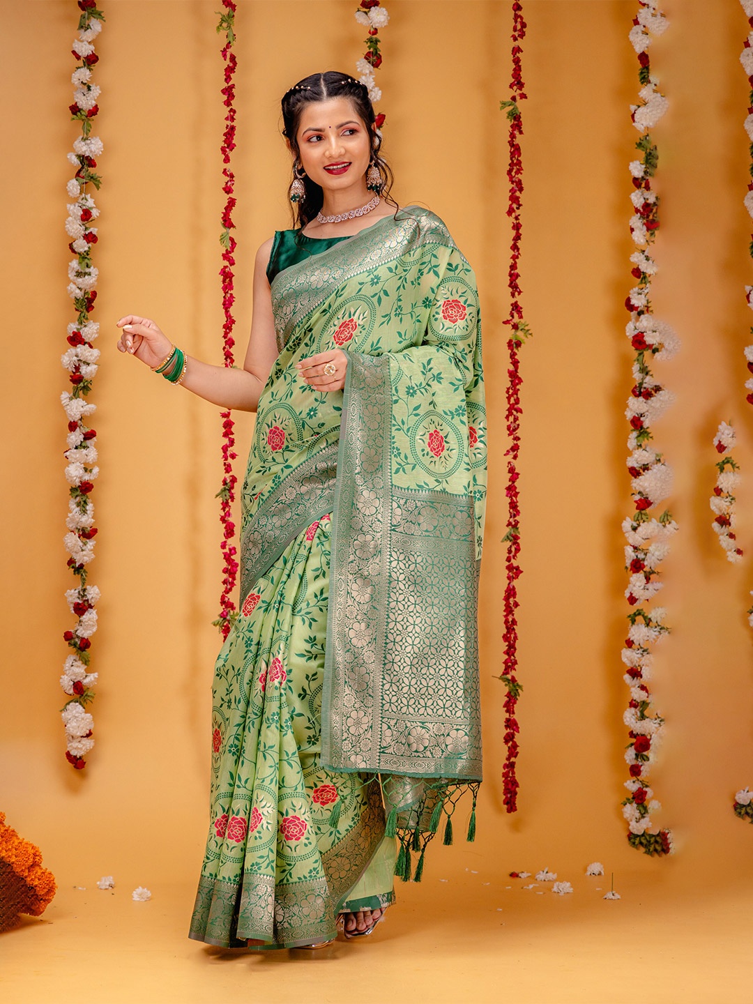 

MIMOSA Floral Woven Design Zari Art Silk Banarasi Saree, Olive