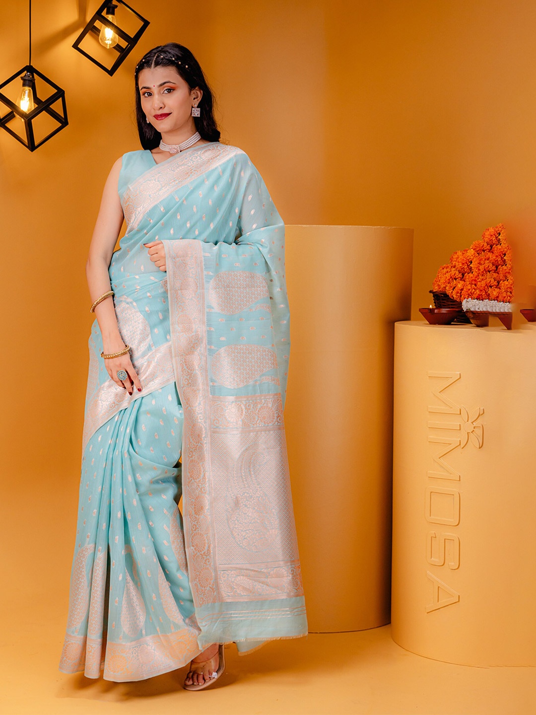 

MIMOSA Woven Design Zari Art Silk Banarasi Saree, Turquoise blue