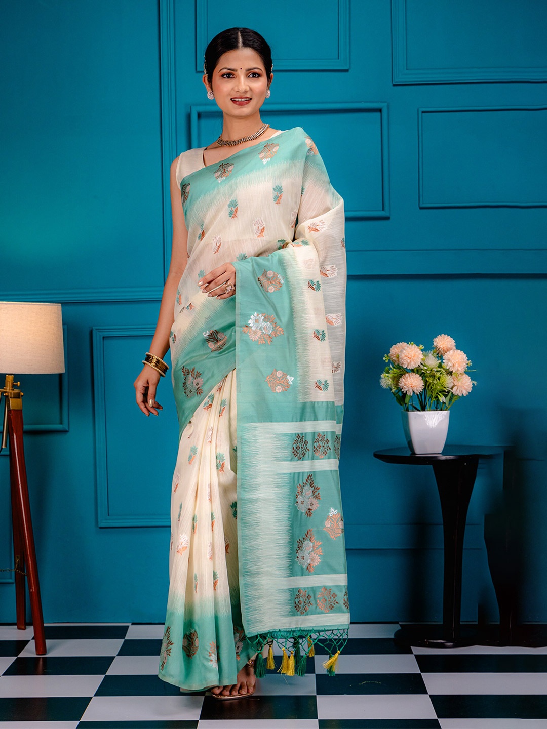 

MIMOSA Ethnic Motifs Woven Design Zari Art Silk Banarasi Saree, Sea green