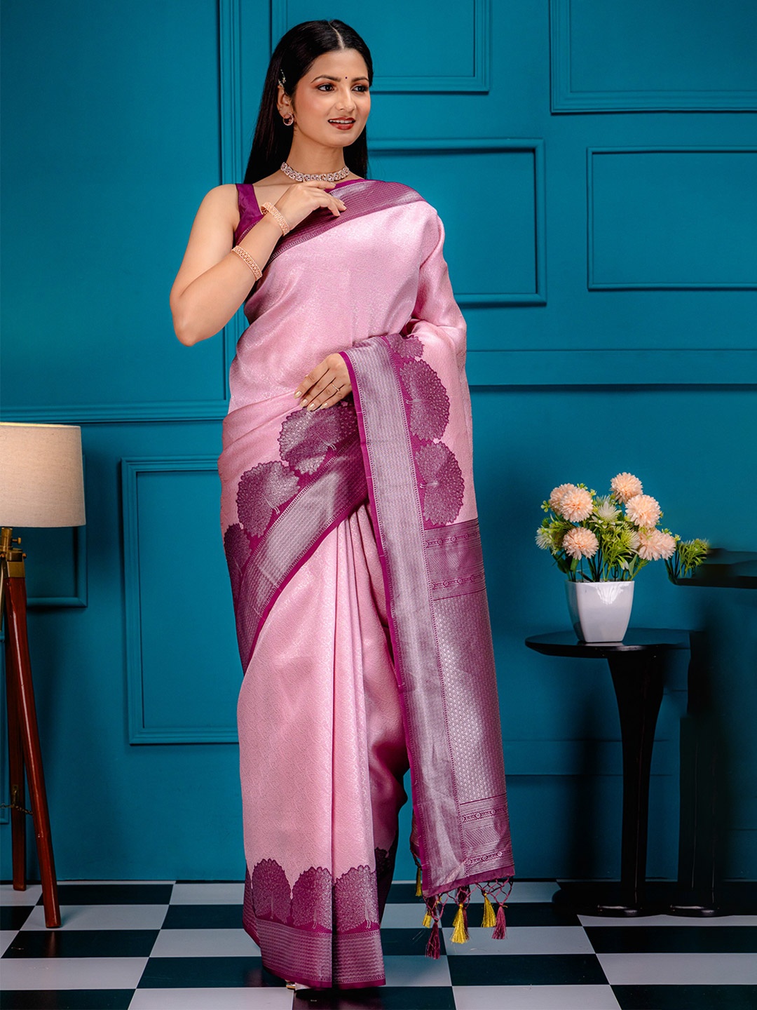 

MIMOSA Ethnic Motifs Woven Design Zari Art Silk Banarasi Saree, Pink