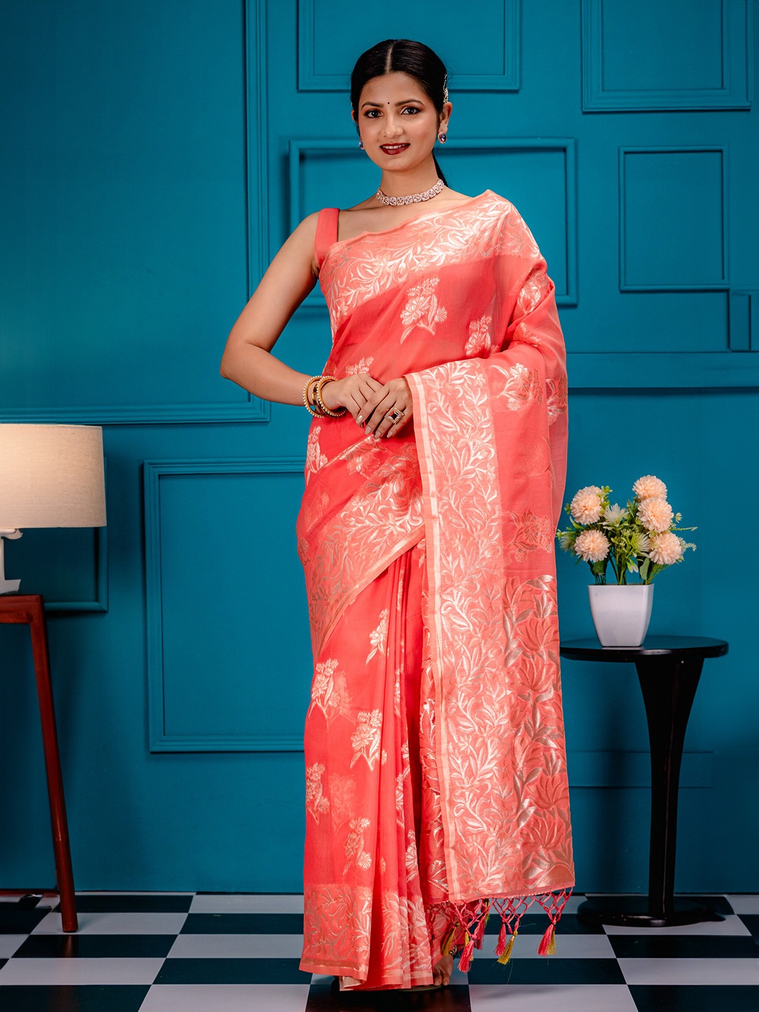 

MIMOSA Woven Design Zari Art Silk Banarasi Saree, Pink