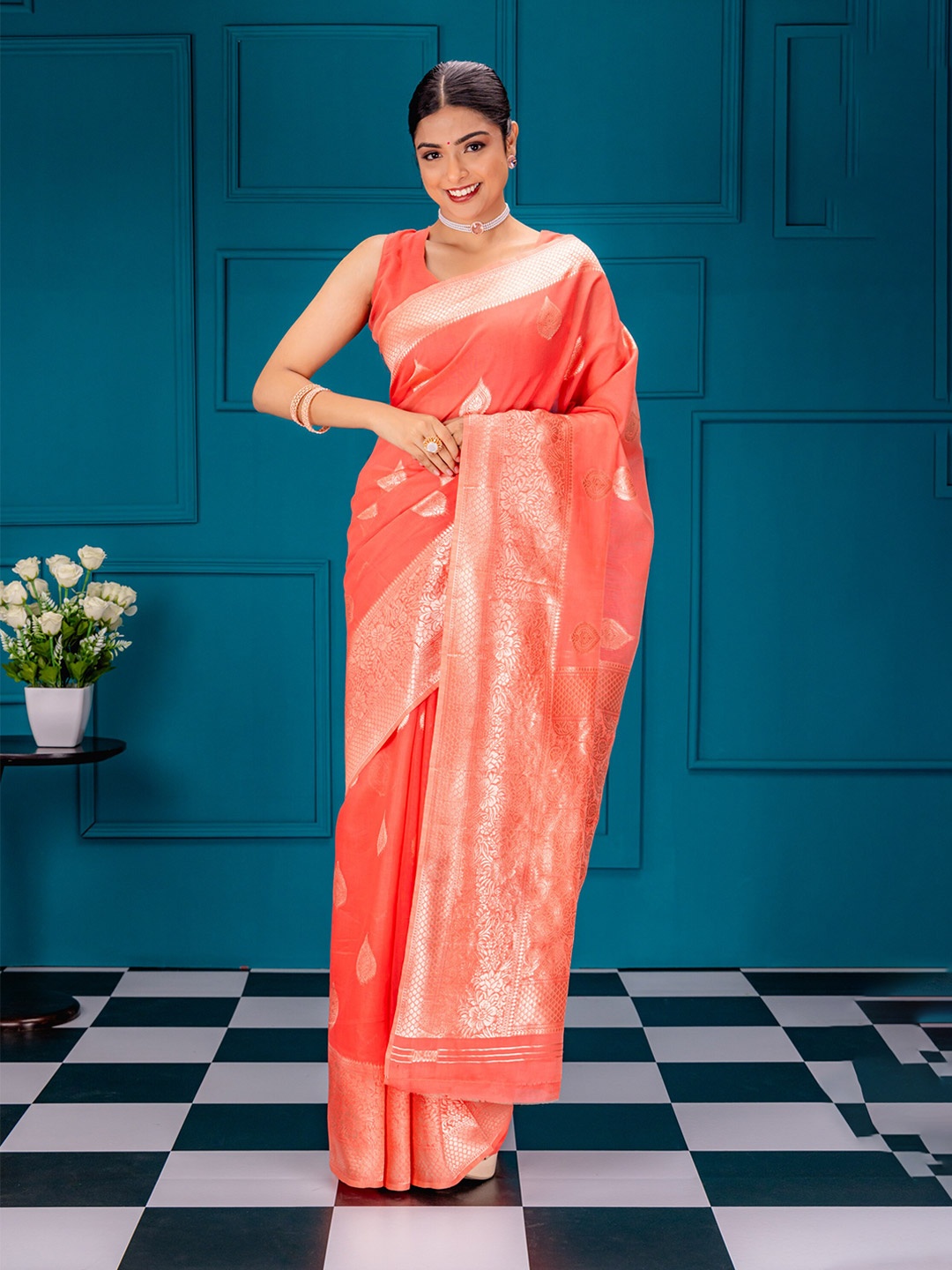 

MIMOSA Ethnic Motifs Woven Design Zari Banarasi Saree, Pink