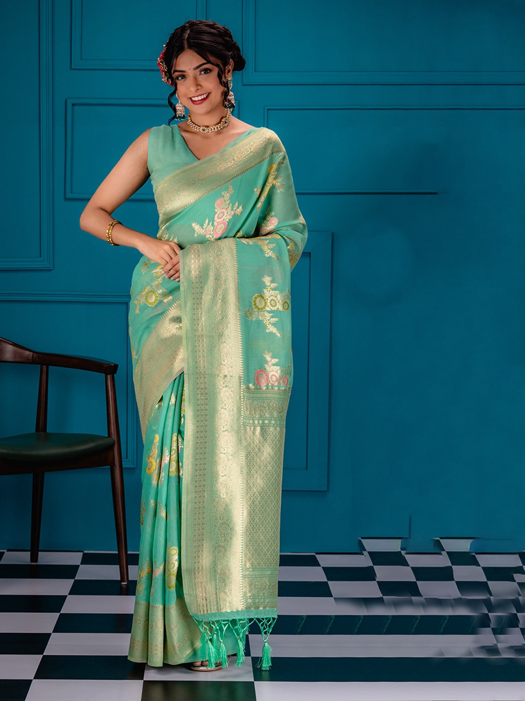 

MIMOSA Ethnic Motifs Woven Design Zari Art Silk Banarasi Saree, Sea green