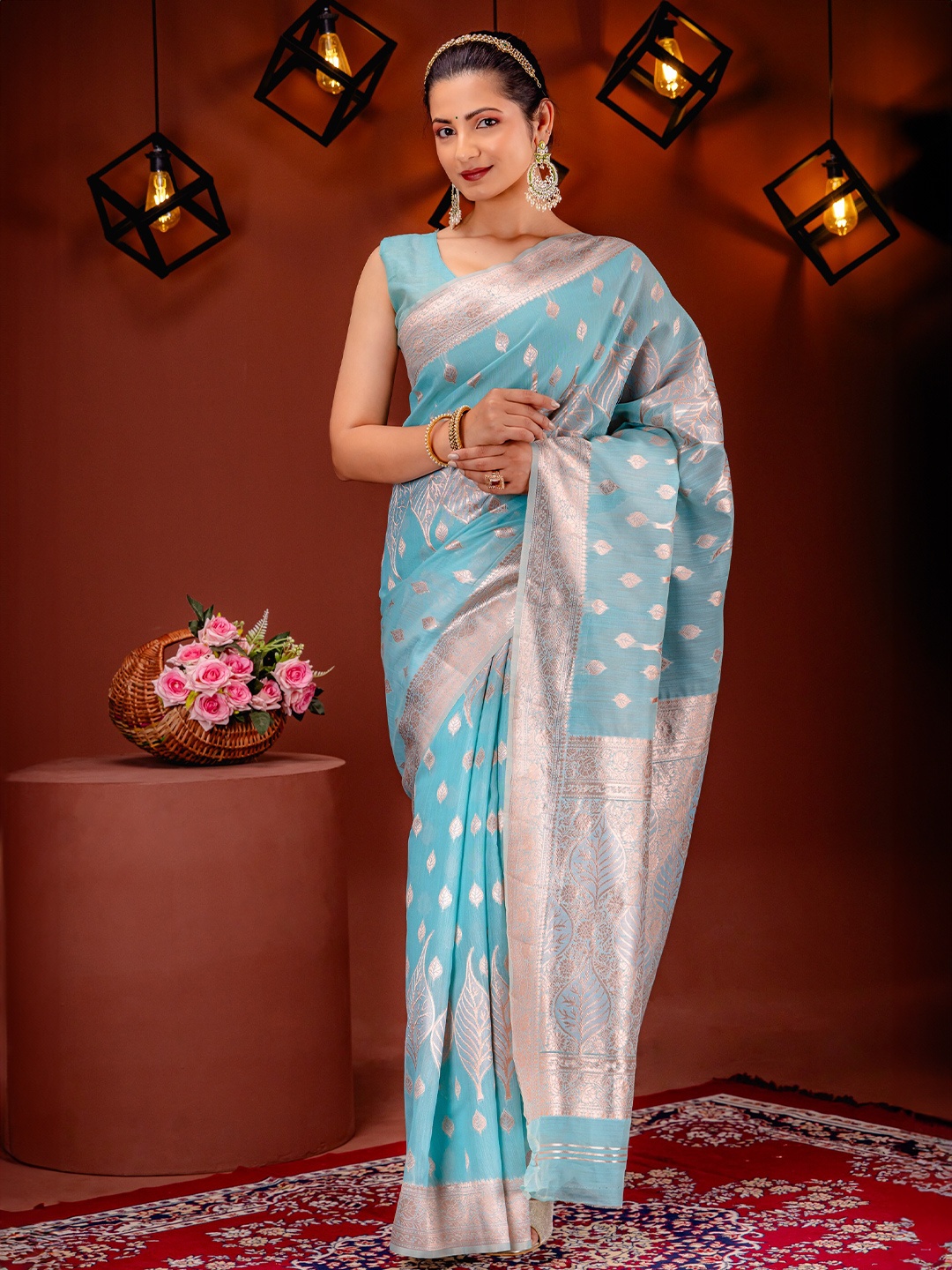 

MIMOSA Ethnic Motifs Woven Design Zari Banarasi Saree, Turquoise blue