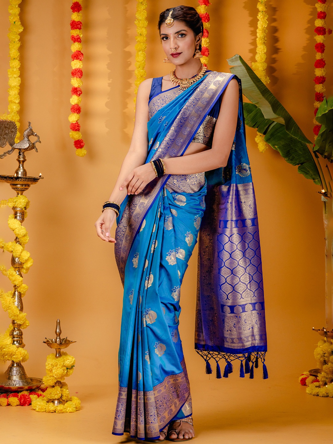 

MIMOSA Ethnic Motifs Zari Art Silk Kanjeevaram Saree, Turquoise blue