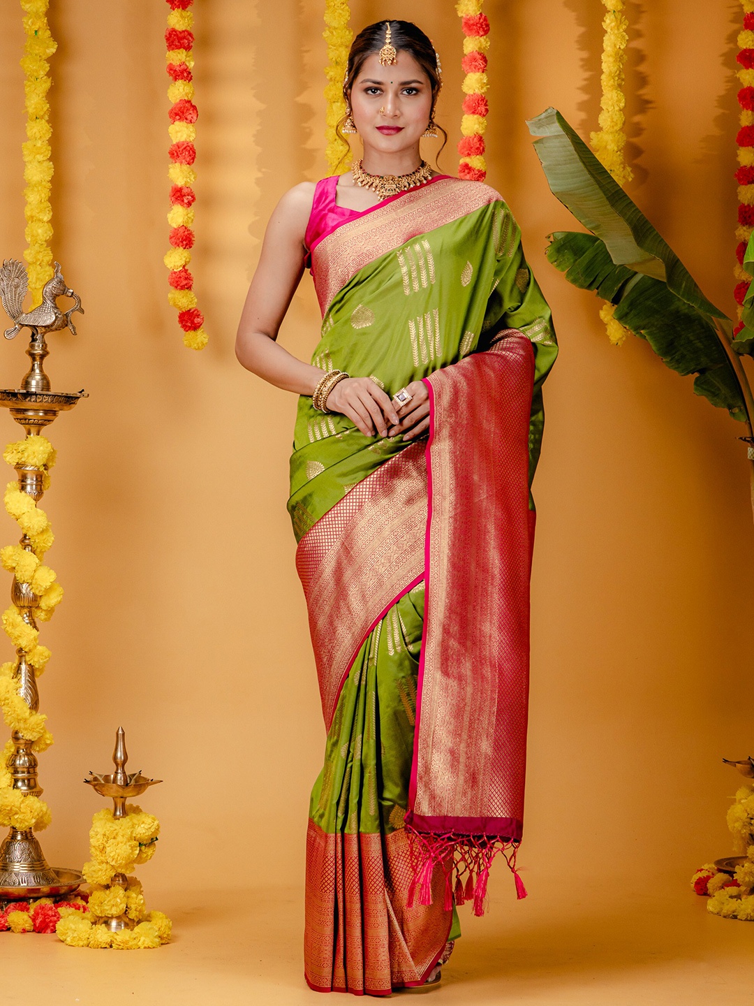 

MIMOSA Floral Woven Design Zari Art Silk Kanjeevaram Saree, Olive