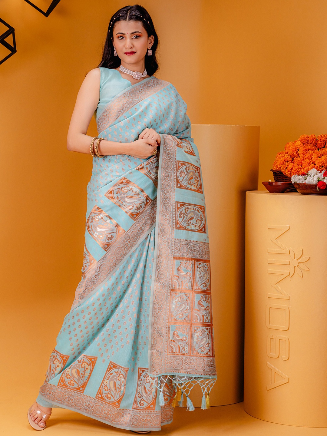 

MIMOSA Ethnic Motifs Zari Art Silk Banarasi Saree, Blue