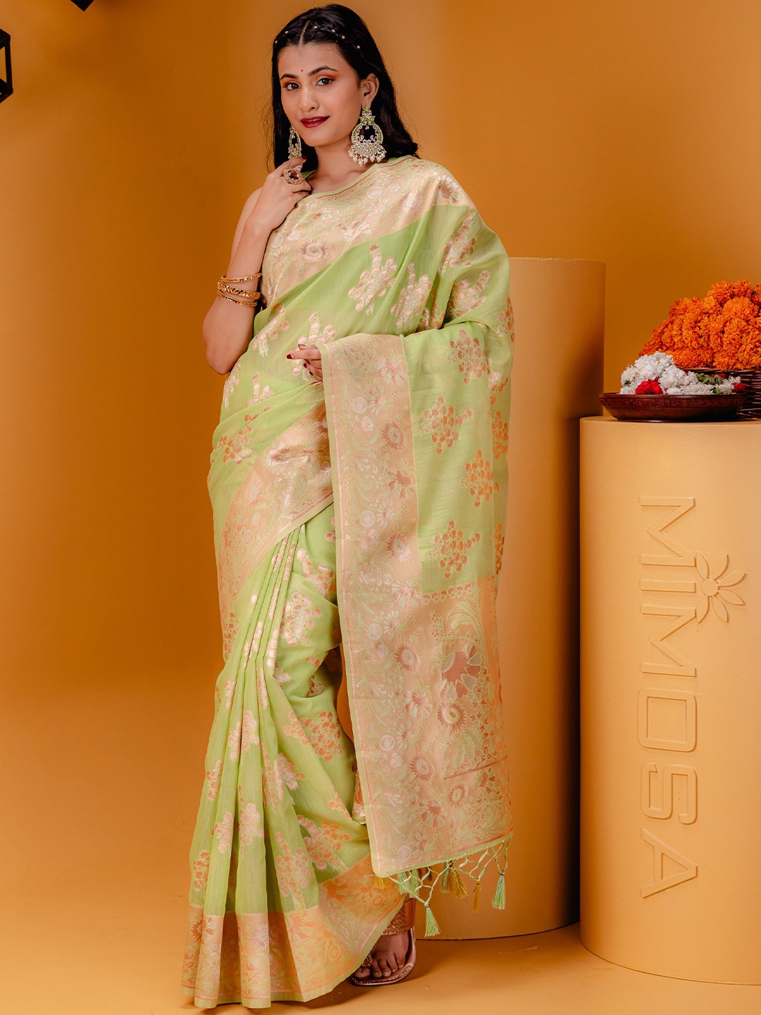 

MIMOSA Ethnic Motifs Woven Design Zari Art Silk Banarasi Saree, Olive