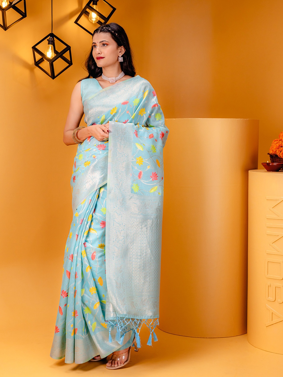 

MIMOSA Ethnic Motifs Zari Art Silk Banarasi Saree, Turquoise blue