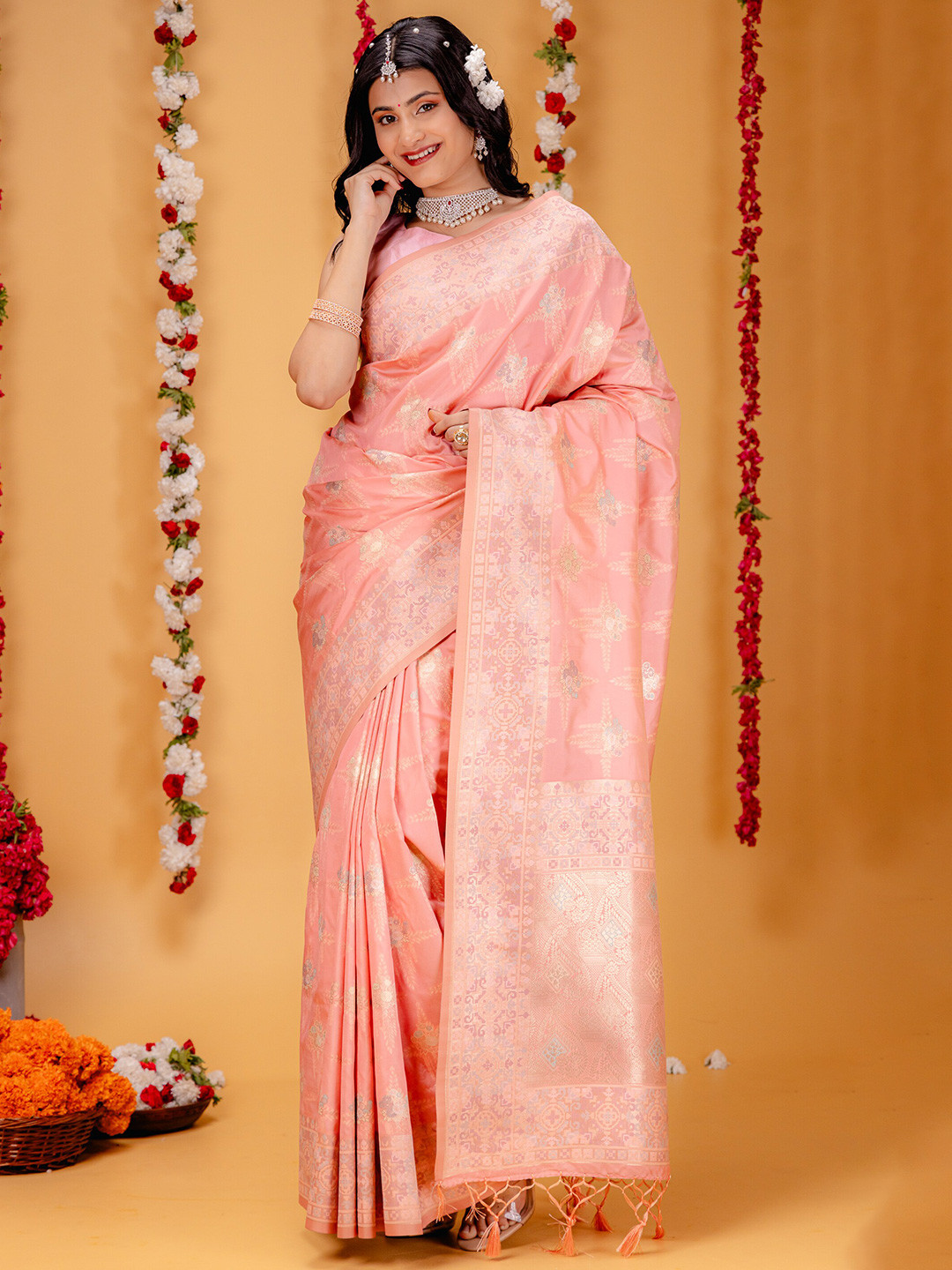

MIMOSA Ethnic Motifs Zari Art Silk Kanjeevaram Saree, Pink