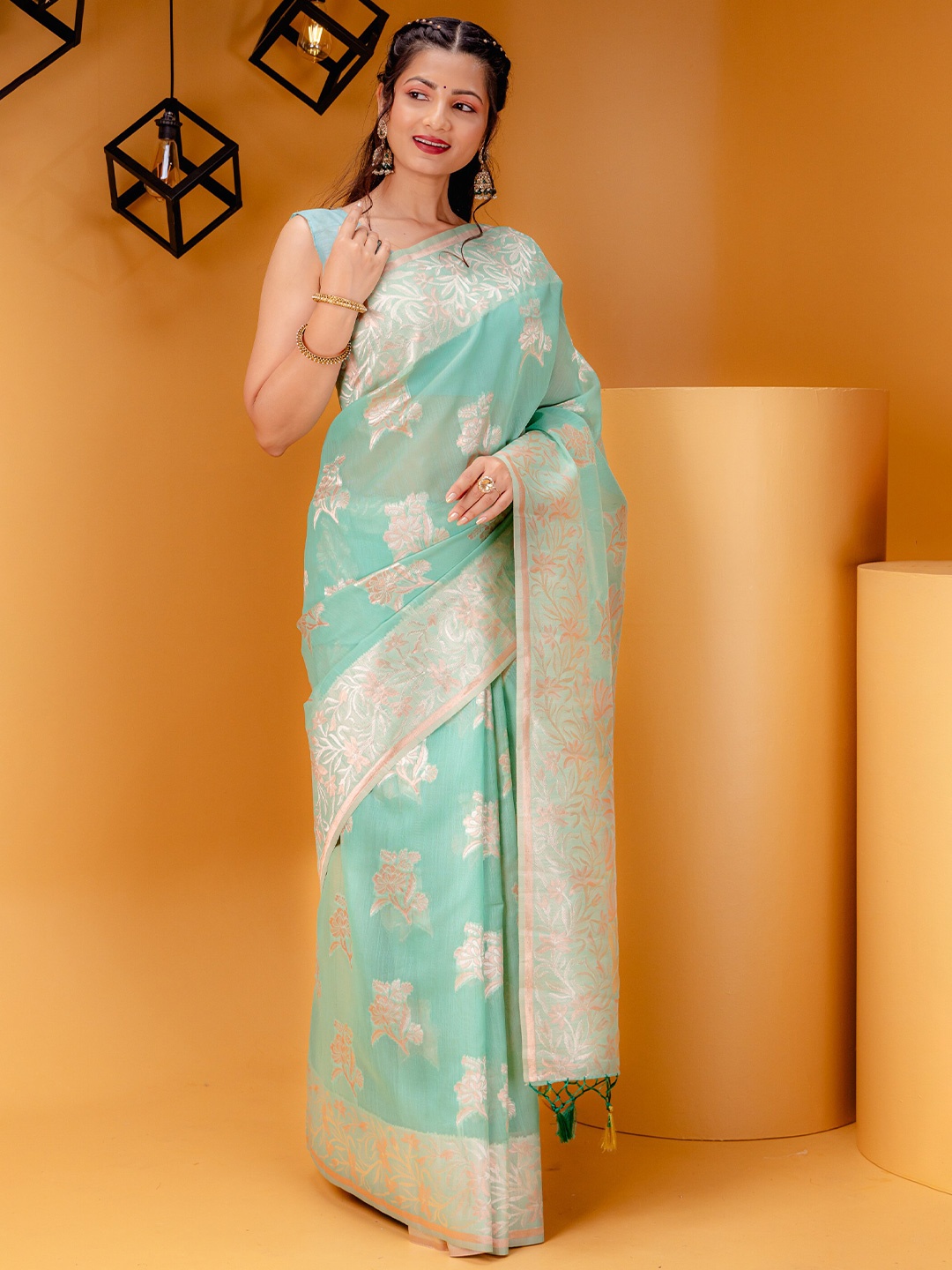 

MIMOSA Ethnic Motifs Zari Art Silk Banarasi Saree, Sea green